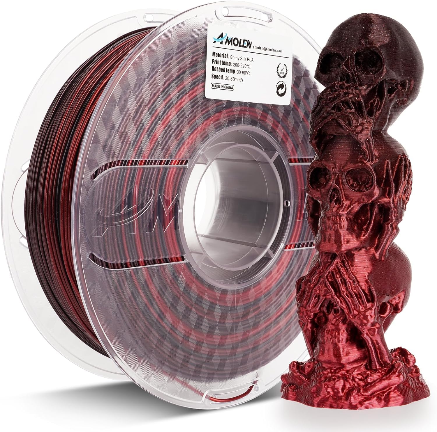 AMOLEN PLA 3D Printer Filament, Silk Shiny Black Red PLA Filament 1.75mm, Color Change 3D Printing Filament for Most FDM 3D Printer, 1kg Spool(2.2lbs)