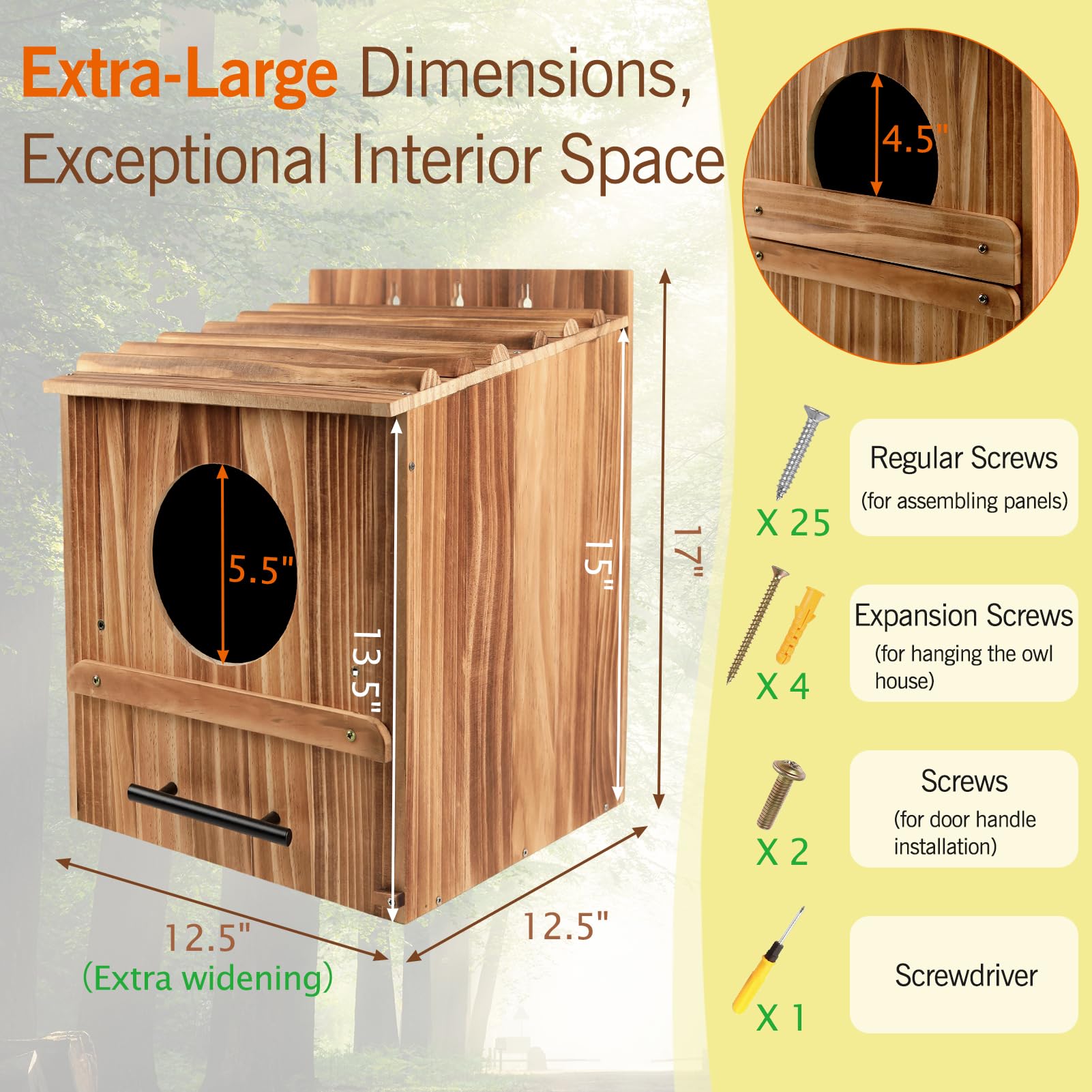 Grande casetta per esterni, 43,2 x 31,8 x 31,8 cm, in legno, per esterni, nido per uccelli, habitat per urlo, boreale, sega - Whet & Elf Owls