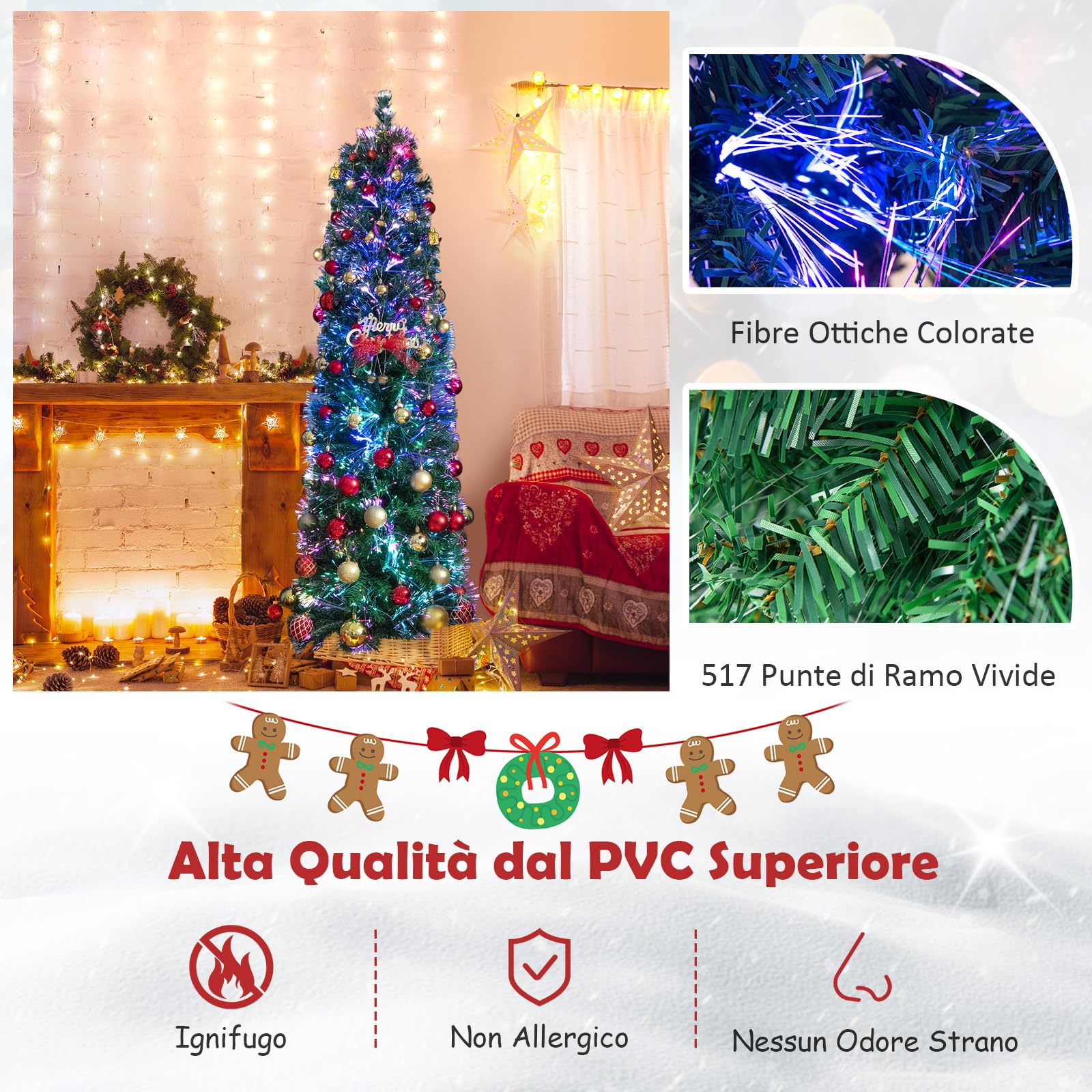 COSTWAY Albero di Natale Artificiale con Fibra Ottica 150/180 CM, Albero di Natale Slim Preluminato con 361/517 Rametti, Base in Metallo Pieghevole, Ideale per Casa, Ufficio e Feste (180 cm)