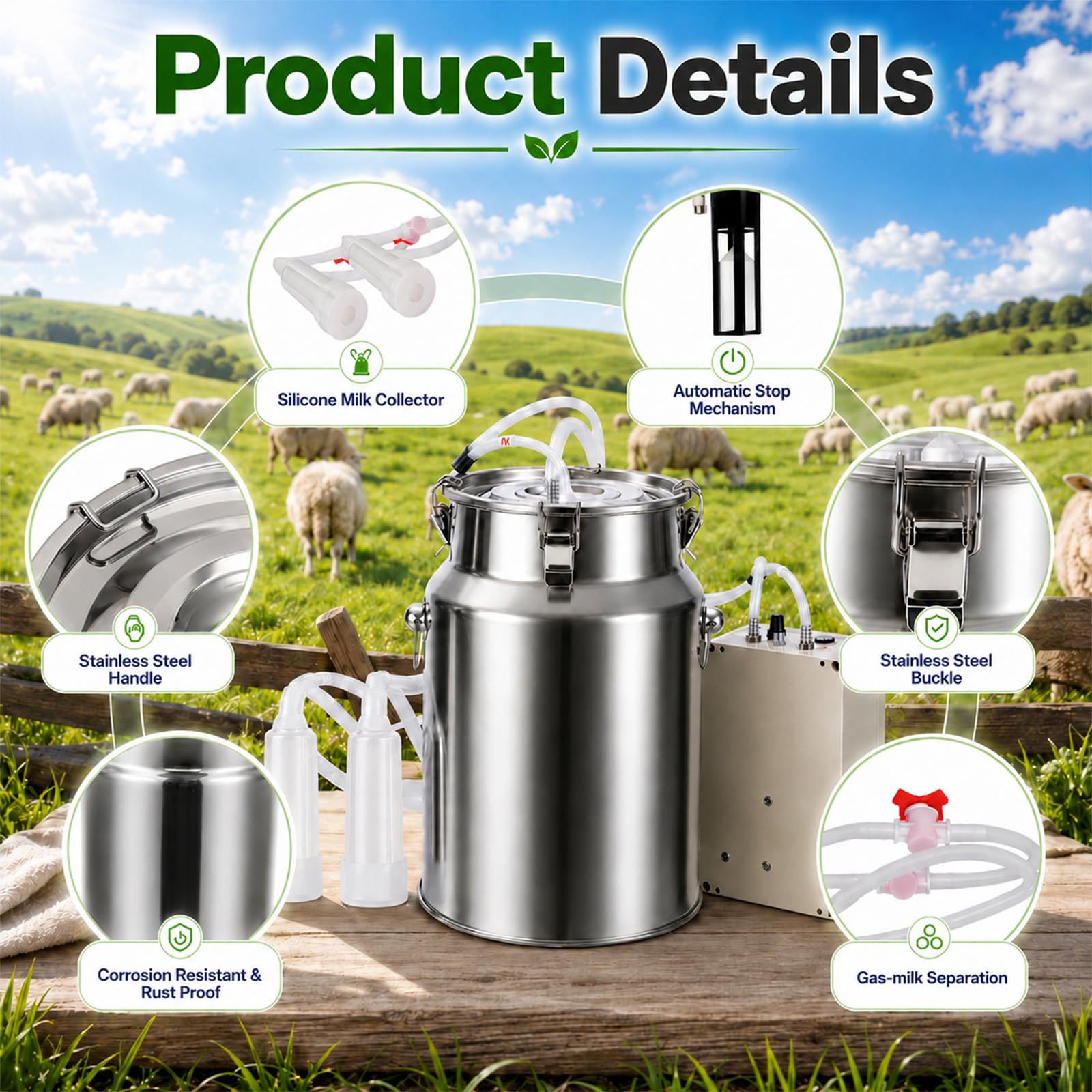 Machine à lait de chèvre électrique de 10 l avec pulsateur, machine à traire pour chèvres avec 2 gobelets en silicone de 20 mm, outils de nettoyage, arrêt automatique du lait complet, pour la maison