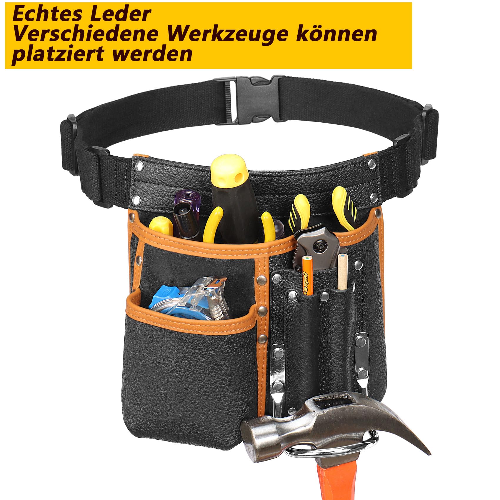 Werkzeuggürtel Herren, Echtes Leder Werkzeug Gürteltasche, Mit verstellbarem Hüftgurt, Werkzeugtasche mit Hammerhalter für Tischler, Gärtner, Rahmenbauer, Dachdecker, Handwerker