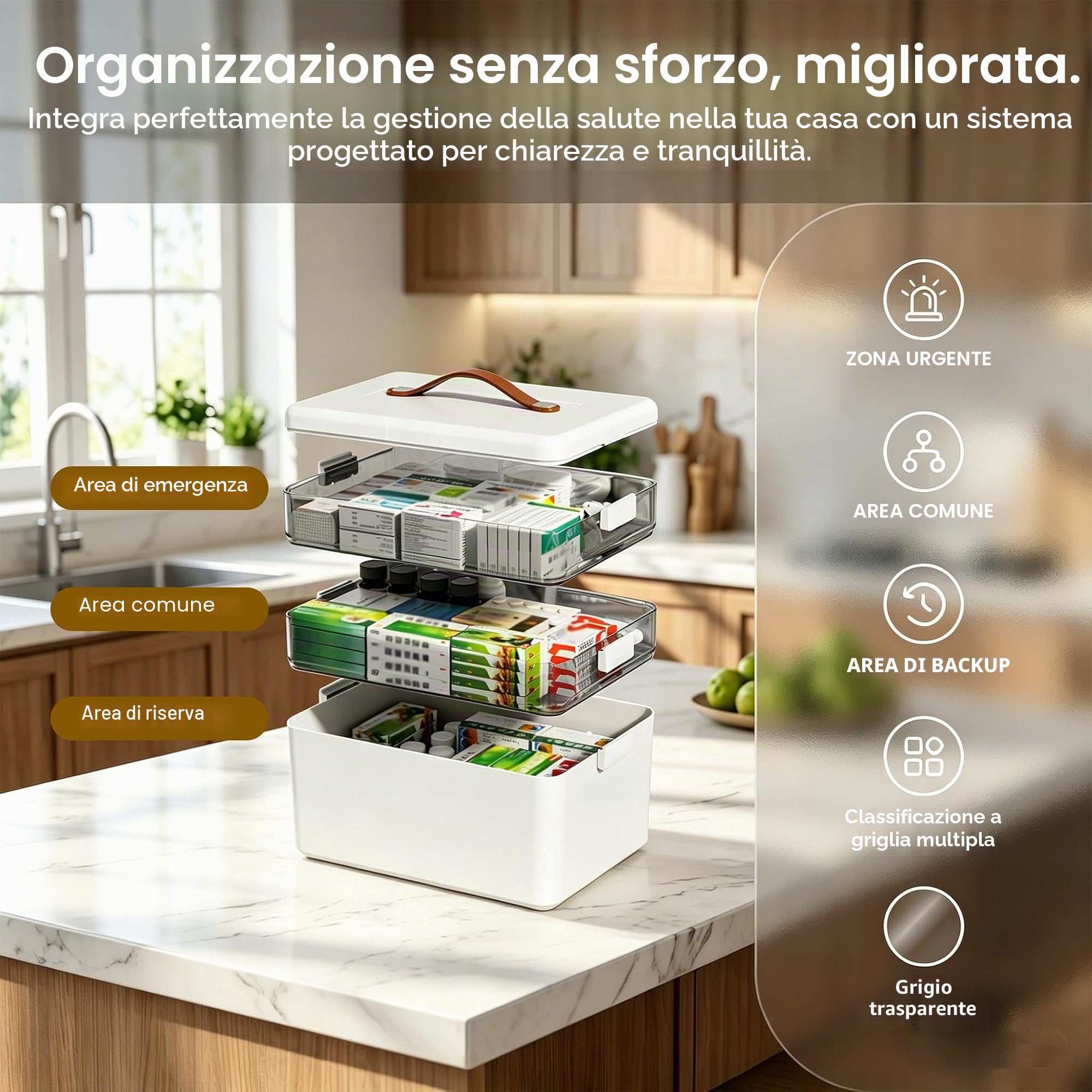 Scatola medica a 3 strati, grande volume, con 28 scomparti, per medicinali, primo soccorso, in plastica, con manici, per la casa, l'ufficio