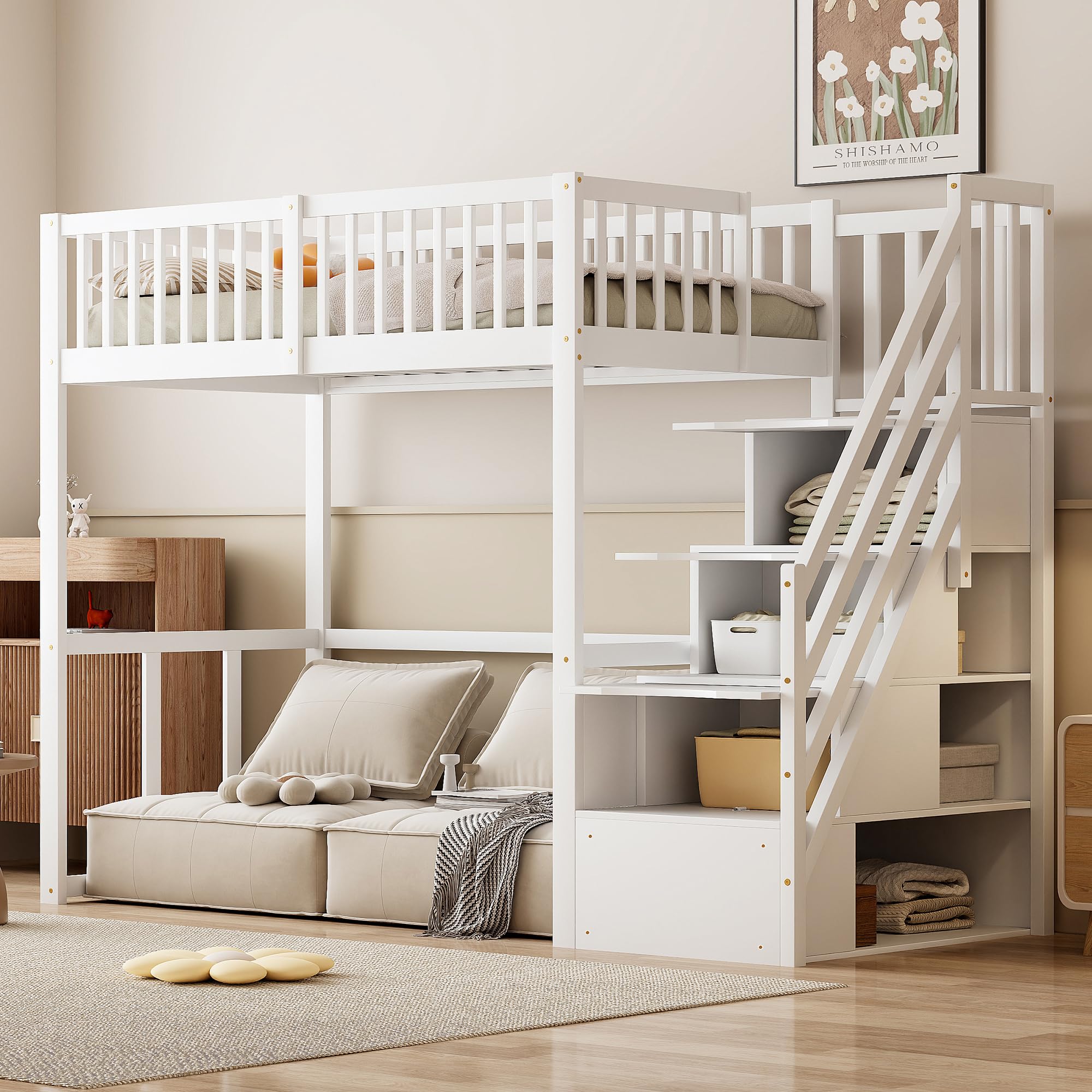 Moimhear Cama alta para niños, cama de madera, con armario grande, estantería y mesa, espacio de almacenamiento, escalera multiusos, estructura de cama de madera (blanco, 90 x 200 cm)