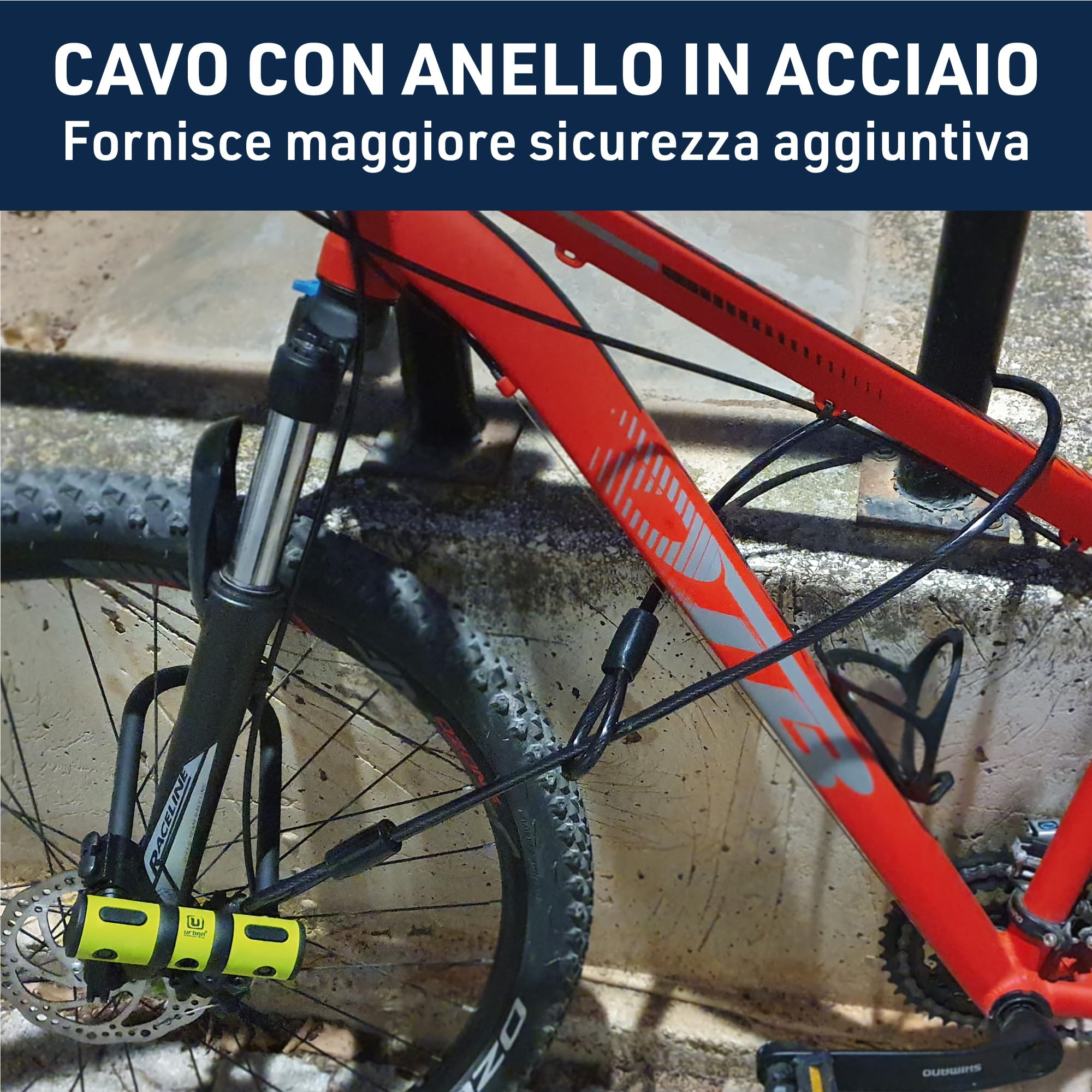 URBAN UR85150B Lucchetto a U Bici Alta Resistenza, Leggero + Cavo Più Sicuro e Pratico, Forcella ø13 Acciaio Indurito con Doppio Blocco, Supporto per Trasporto Facile, Antifurto per Bici e Monopattino