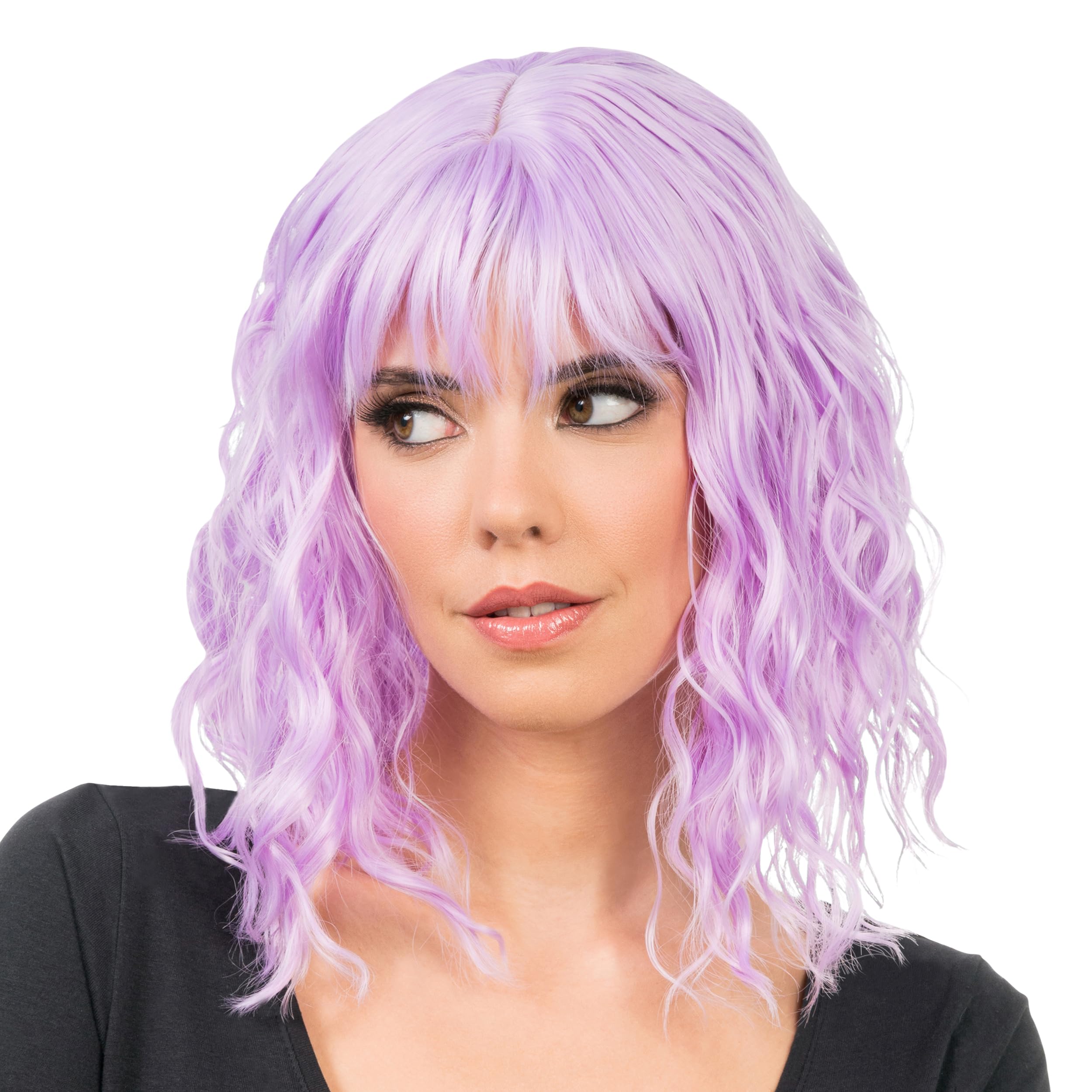 Chaks - Women's Short Curly Hair Wig 35 cm Bob Wavy with Fringe Made of Polyester, Festival, Carnival, Cosplay