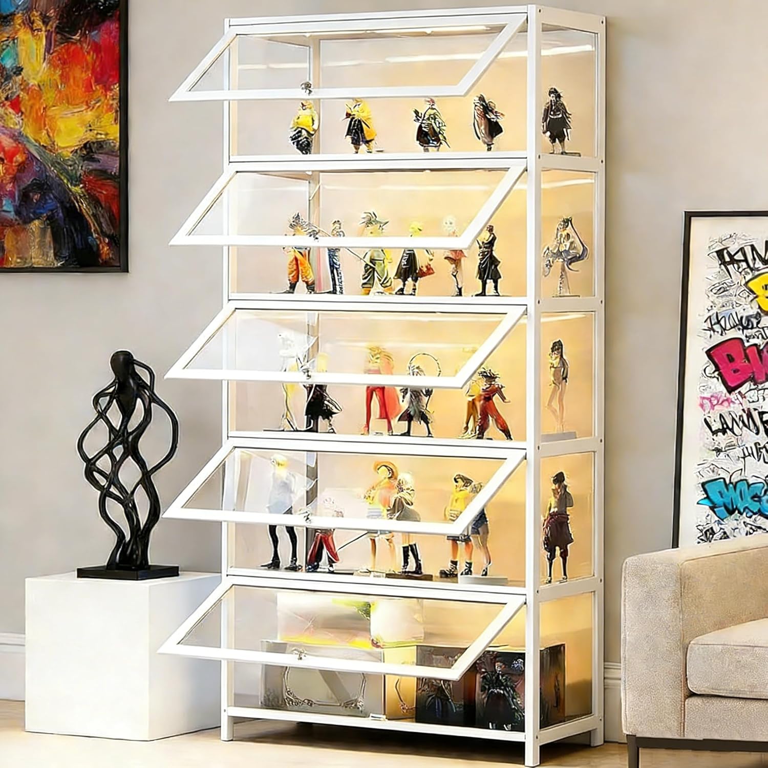 Display Cabinet with Acrylic Glass Door, 5 Tier Curio Display Case, Collectibles Toy Organizers Rack & Display Shelf, Kids Bookcase for Bedroom, Reading Nook, living Room, Bamboo (Black -flip Door)