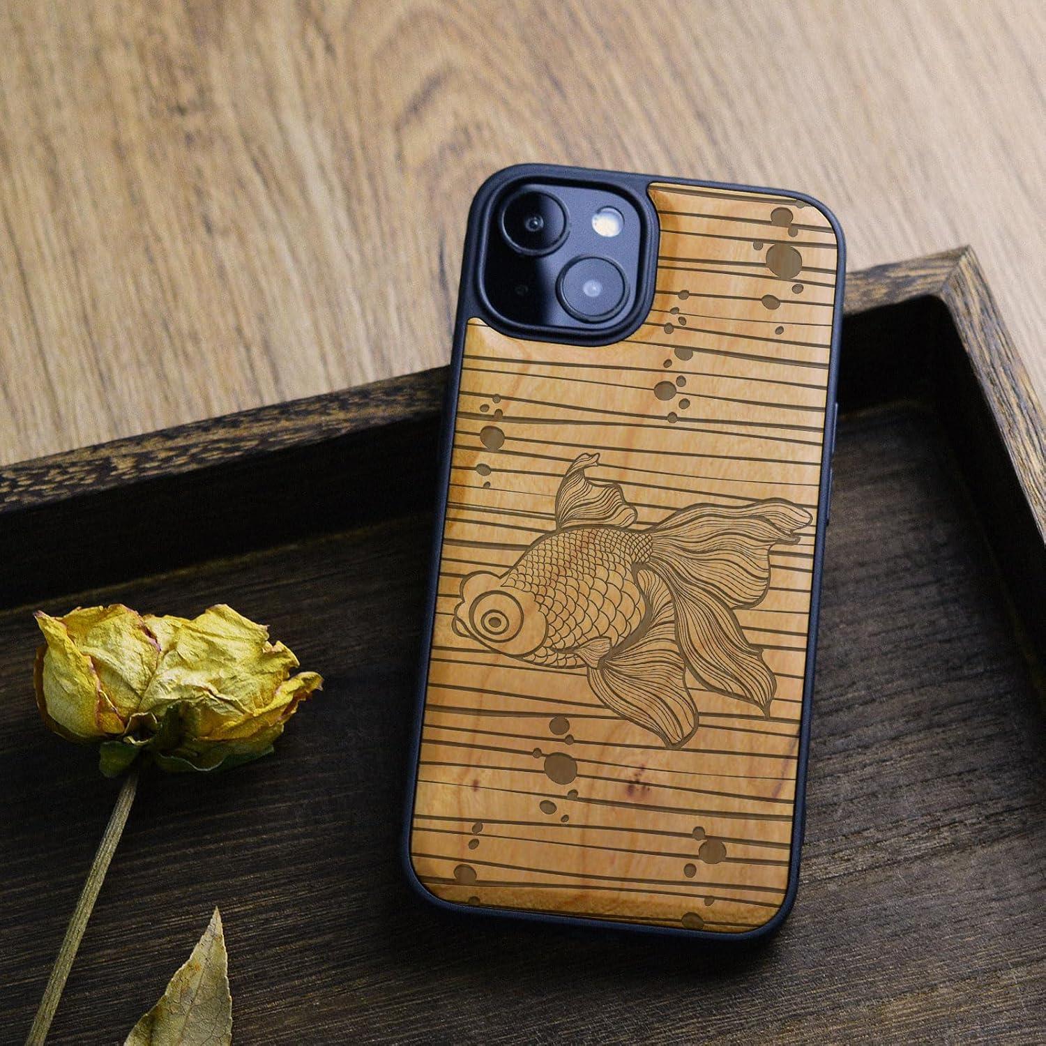 Carveit Magnetic Wood Case for iPhone 13 Mini Case [Hard Real Wood & Soft TPU] Unique & Classy Wooden Shockproof Hybrid Protective Cover Compatible with MagSafe (Fluid Goldfish Grace -Cherry)