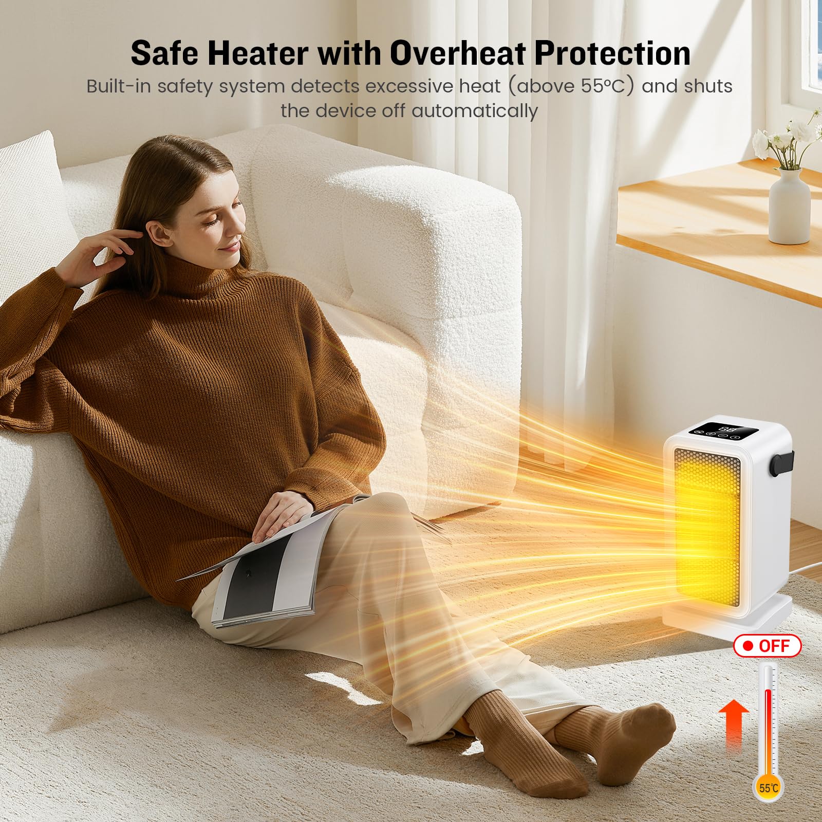 FGHB Kleine ventilatorkachel, energiebesparend, mini PTC, keramische elektrische verwarming, stil, mobiele verwarming, elektrisch stopcontact, 1200 W/800 W en oververhittingsbeveiliging