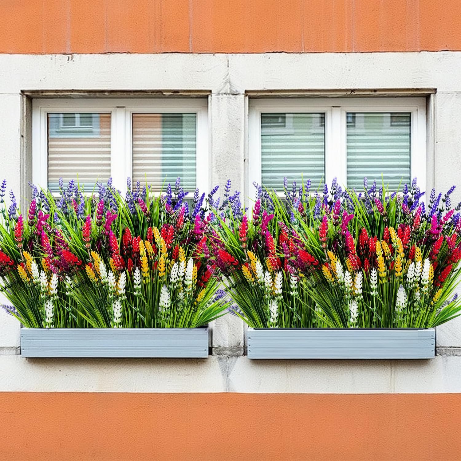 24 Bundles Artificial Lavender Flowers for Outdoors - Faux Silk Plastic Plants for Spring Summer Garden Porch Decor, Window Box Vase Fillers, Indoor Outdoor Home & Cemetery Grave Decoration (Mixed)