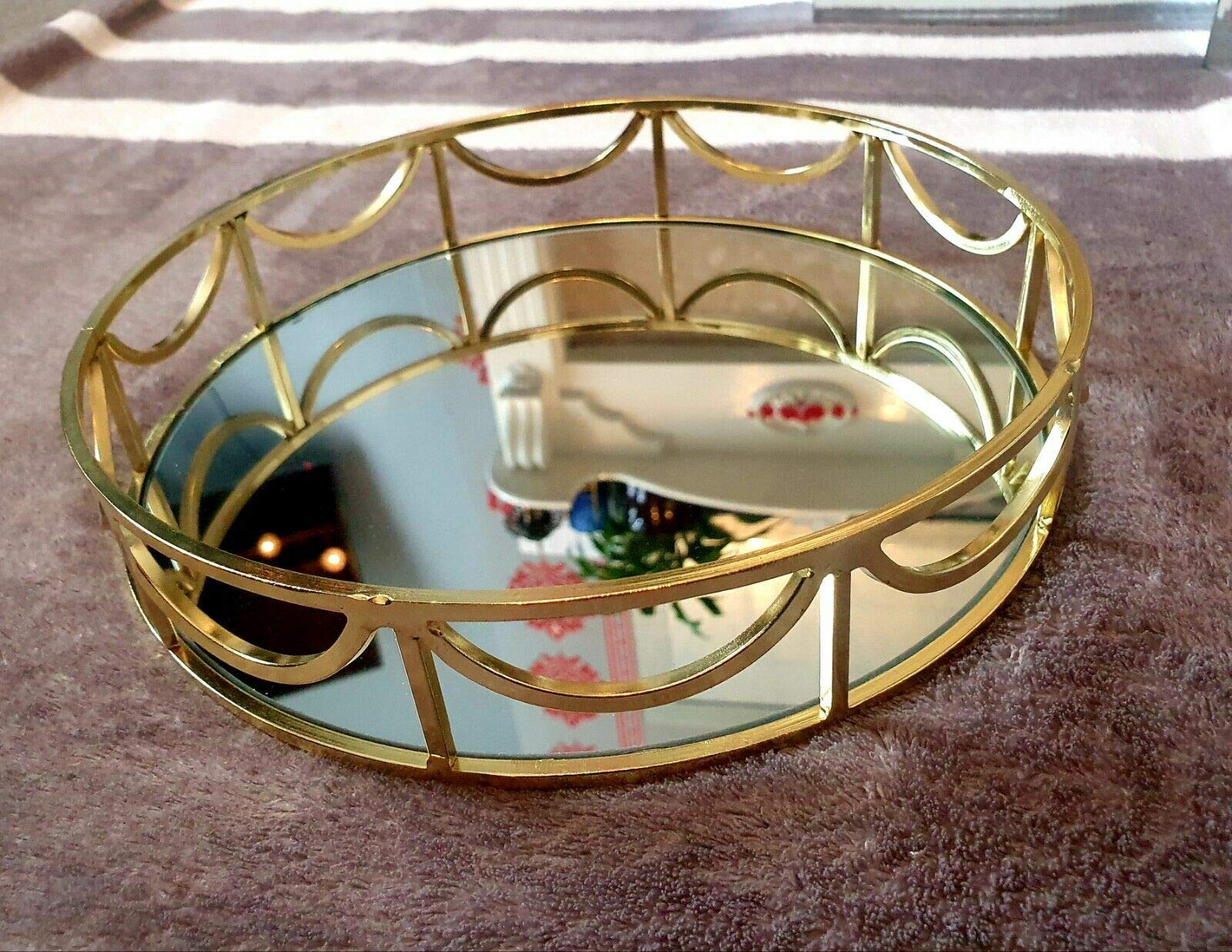 Deenz Gold Round Mirror Candle Plate Decorative Tray Wedding Table Mehndi Thaal 24Cm