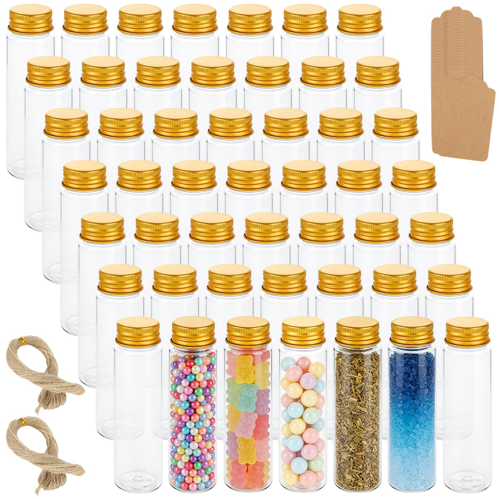 Confezione da 50 provette da 80 ml con tappi, in plastica trasparente, vuote, a prova di perdite, per caramelle, sale da bagno, spezie, decorazione per la casa e le feste, fondo piatto