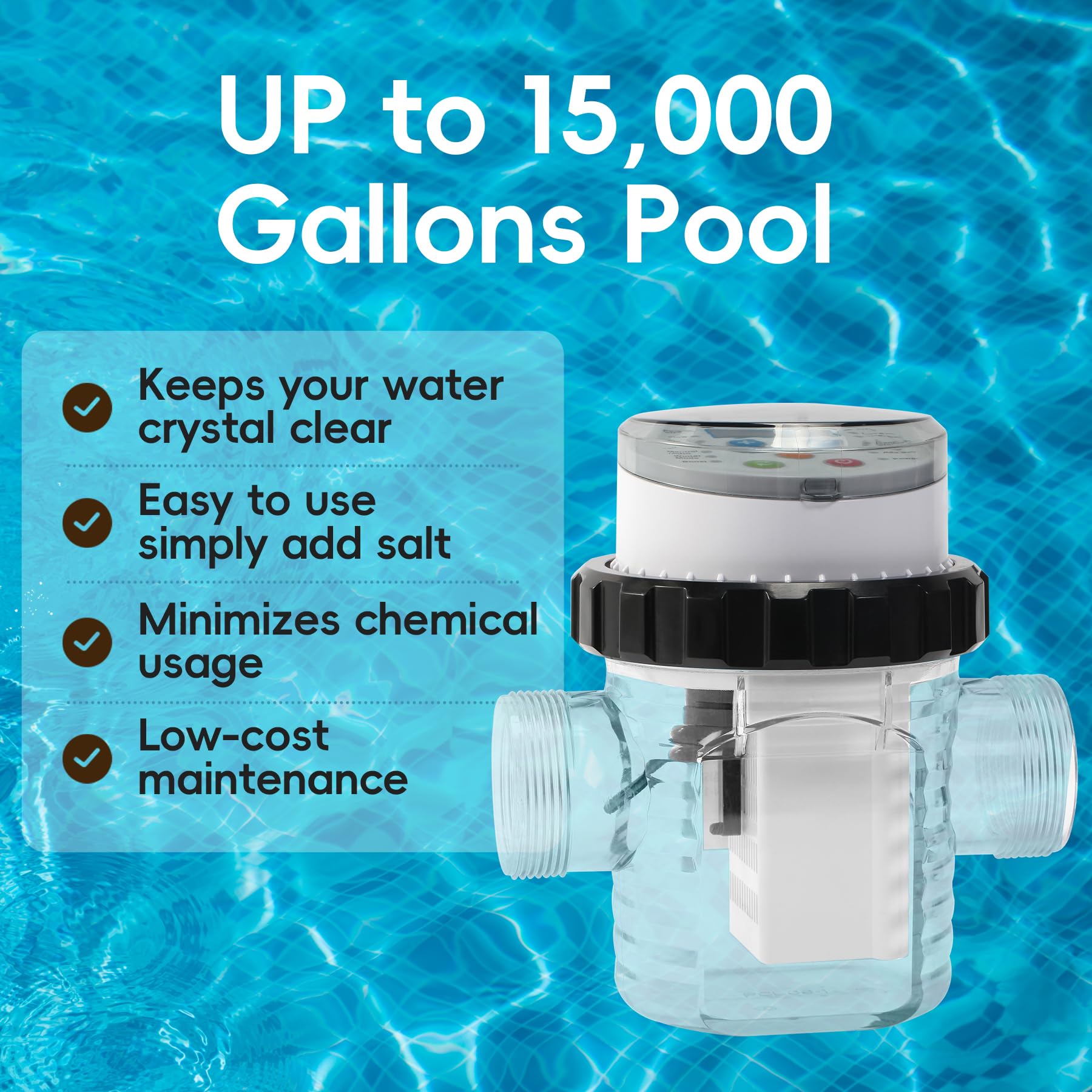 Clorador de agua salada para piscinas sobre el suelo, tira de prueba incluida con adaptador, sistema de clorador de piscina de agua salada, sistema de piscina de agua salada autolimpiante para