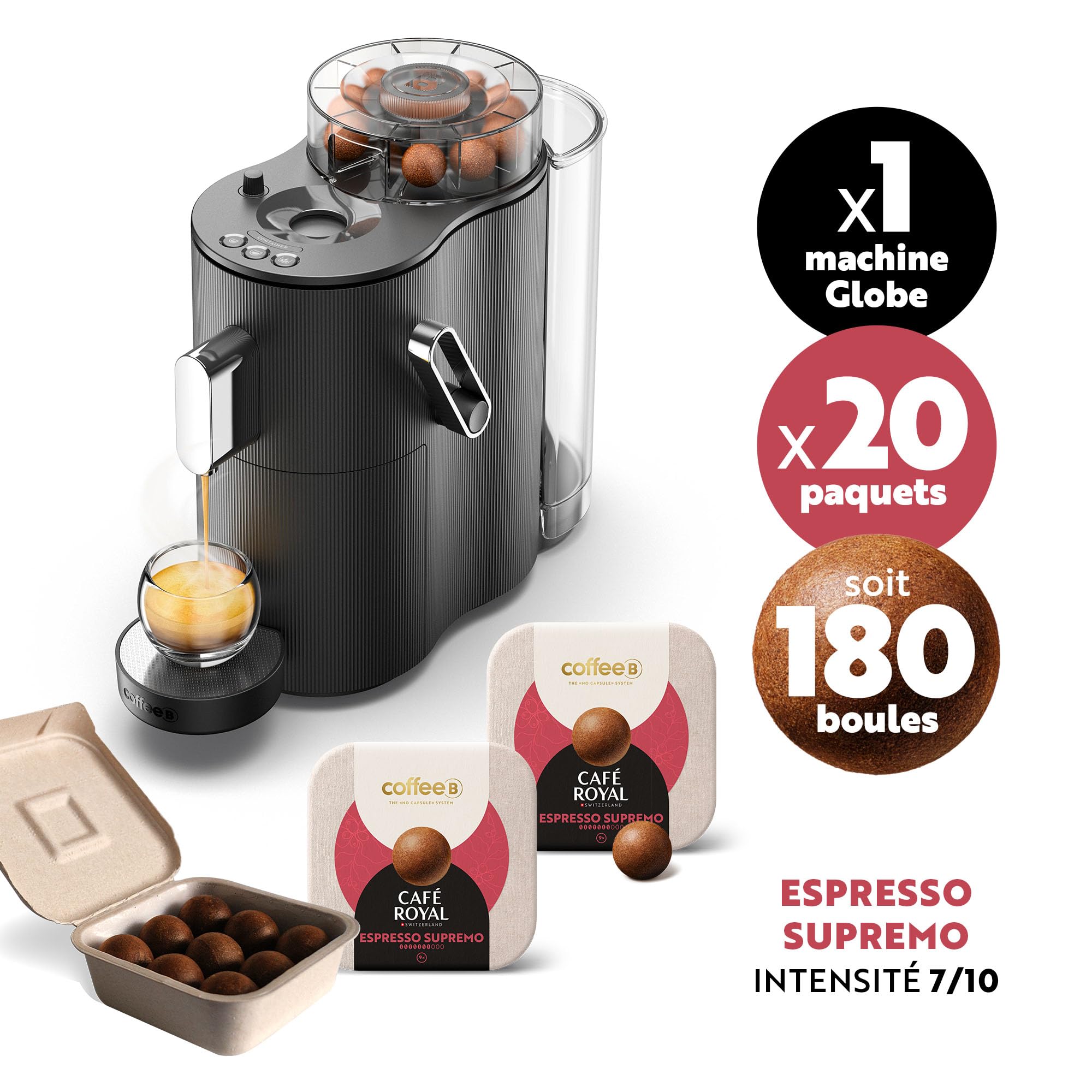 CAFE ROYAL SWITZERLAND PROFESSIONAL Machine à Café CoffeeB Globe Noir 1.3L avec 180 Coffee Balls Espresso Supremo - 100% Compostables