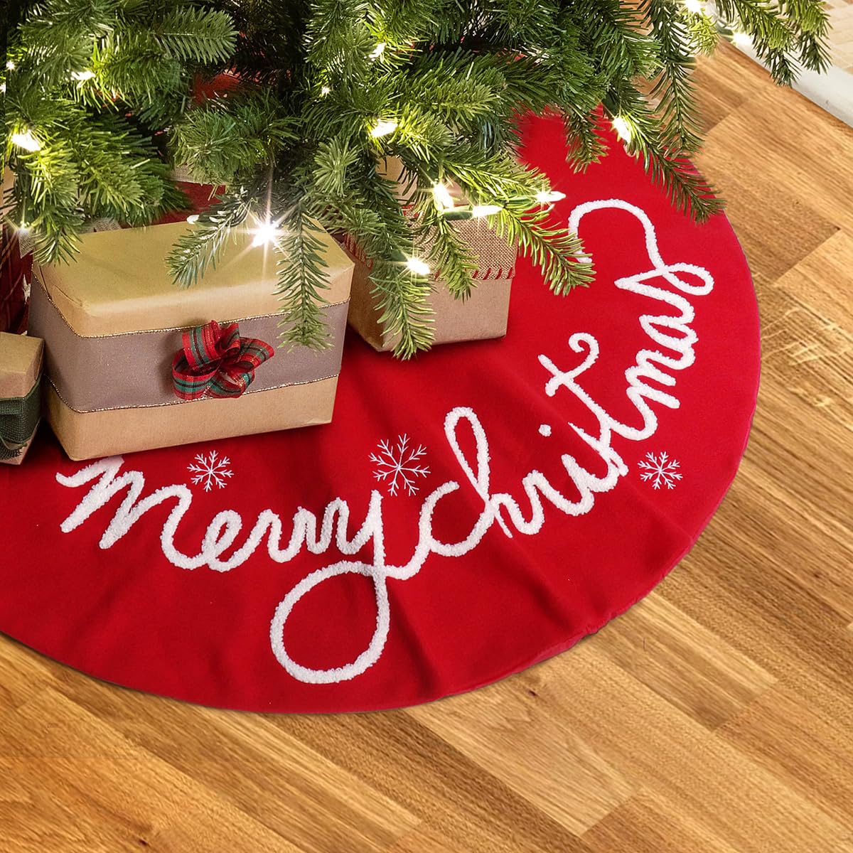 GMOEGEFT Christmas Tree Skirt 32 24 Inches Red Felt with Merry Christmas Tree Skirt Xmas Holiday Decorations (24 in)