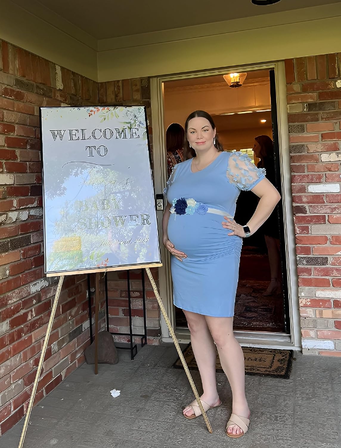 Floral Mesh Bishop Long Sleeve Maternity Midi Dress, Fall Maternity Bodycon Dress for Baby Shower - Image 3