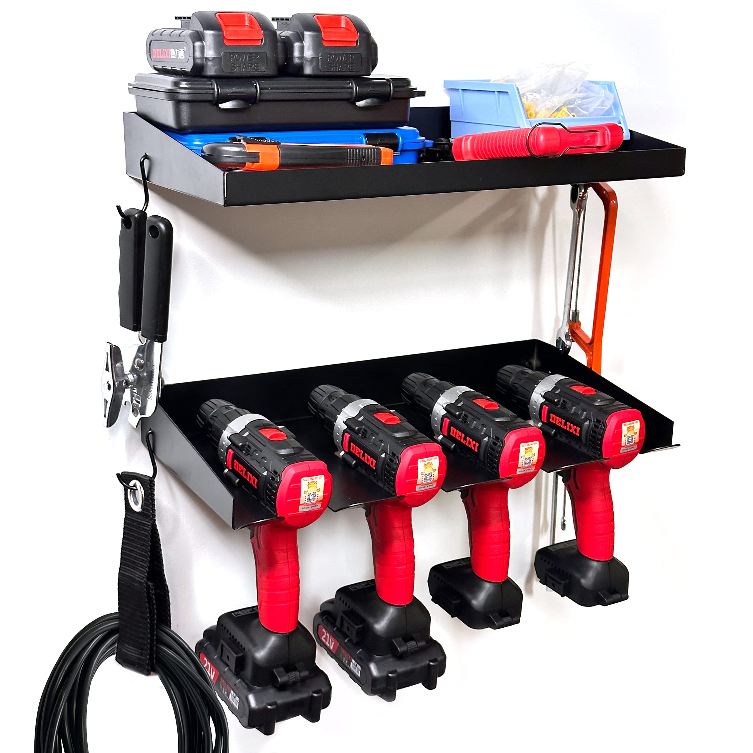 Auxu Wall Mount Power Tool Organizer - Heavy-Duty Steel Power Tool Storage Rack - 2-Layer Cordless Tool Rack, Drill Holder - Modern Storage System for Yard, Garden, Garage Tool Organization ââ‚¬â€œ Black