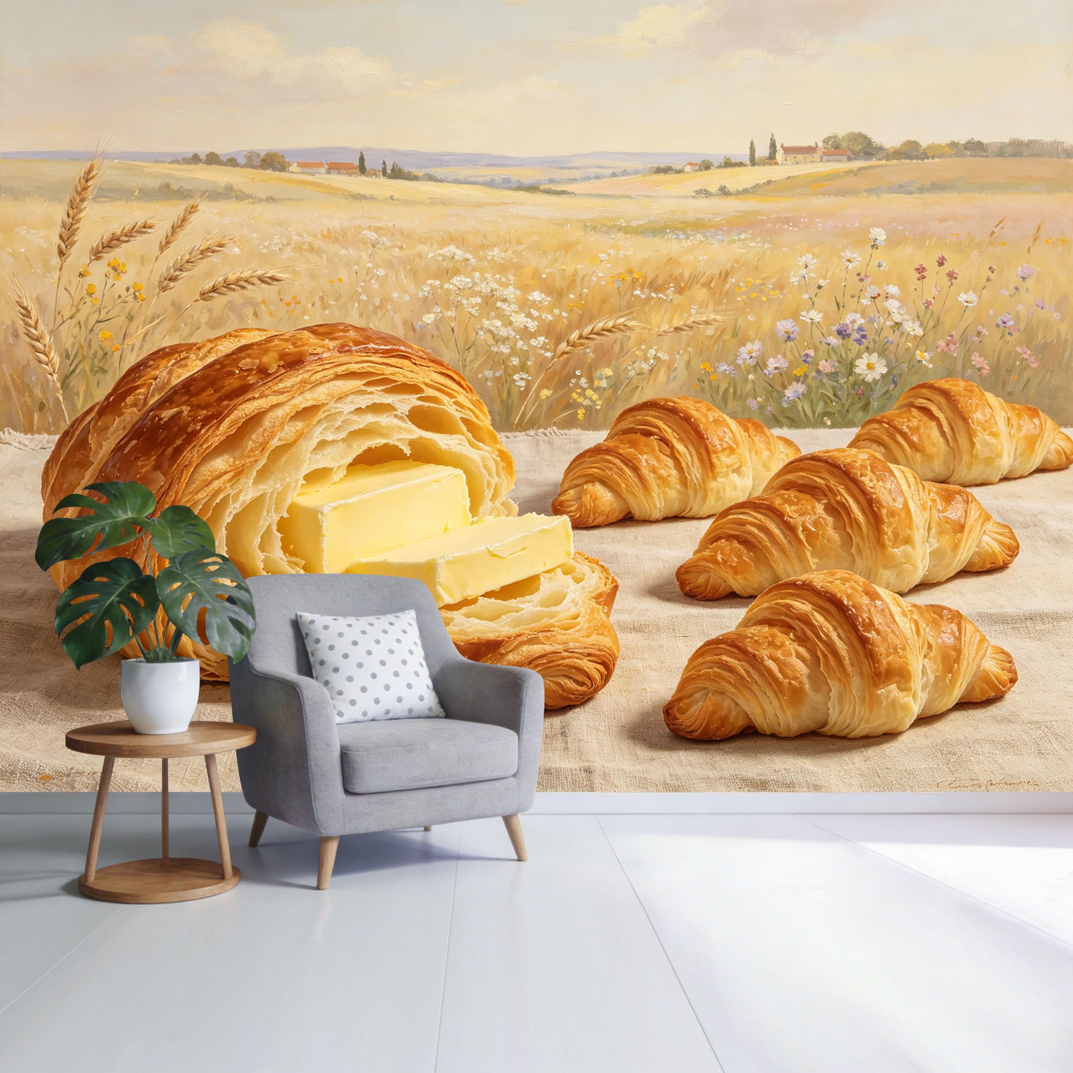 Custom Size Wall Mural Butter Croissant Pastry Still Life Wheat Field Landscape Oil Painting Style SelfAdhesive Wall Fabric Removable Wallpaper for Home Office Decor