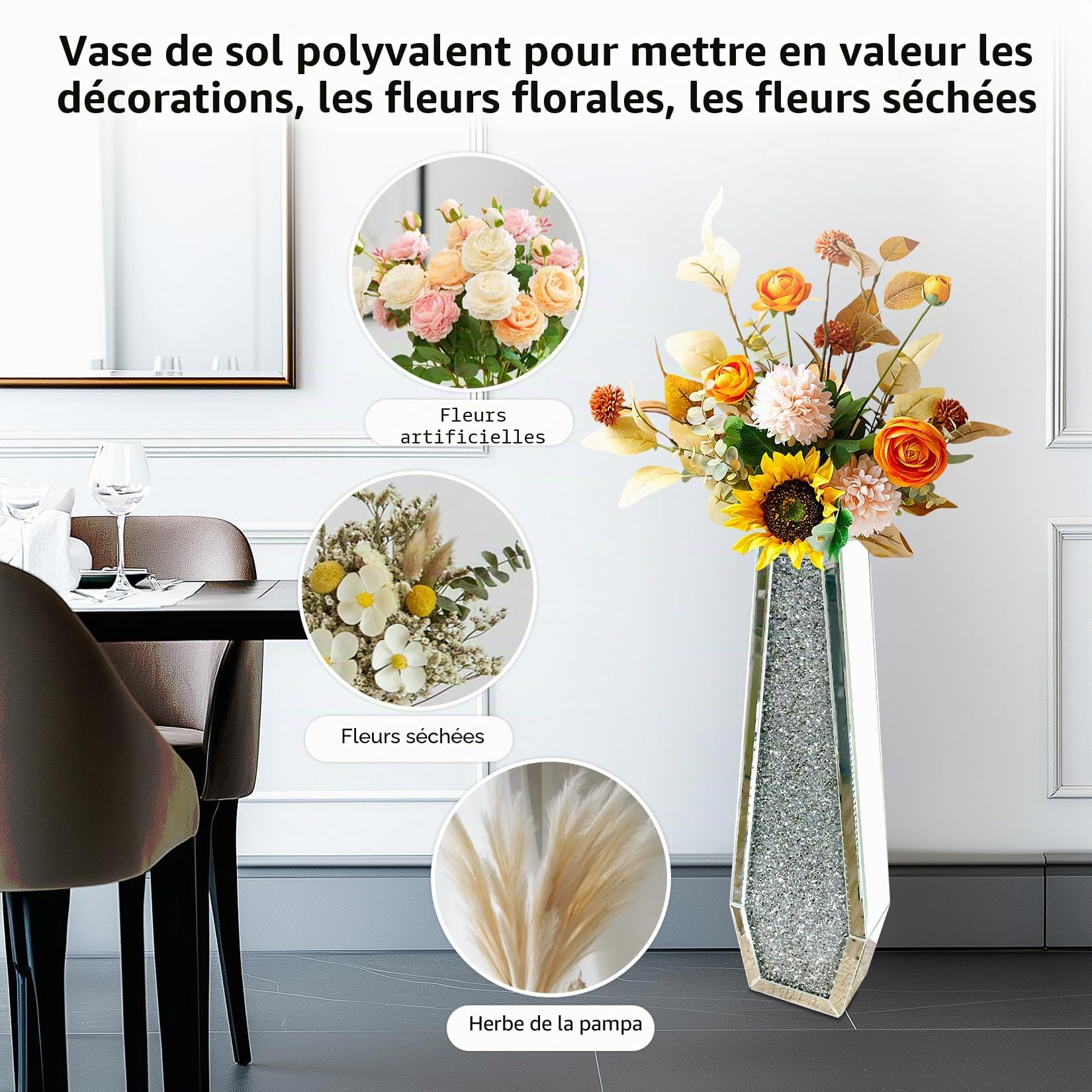 Vase Décoratif en Verre: Cristal Grand Vase à Poser au Sol 68cm Vases Fleurs Haut Argenté Géométrique, Diamants Design pour Pampa et Fleurs Séchées Décoration Maison Salon en Miroir HD
