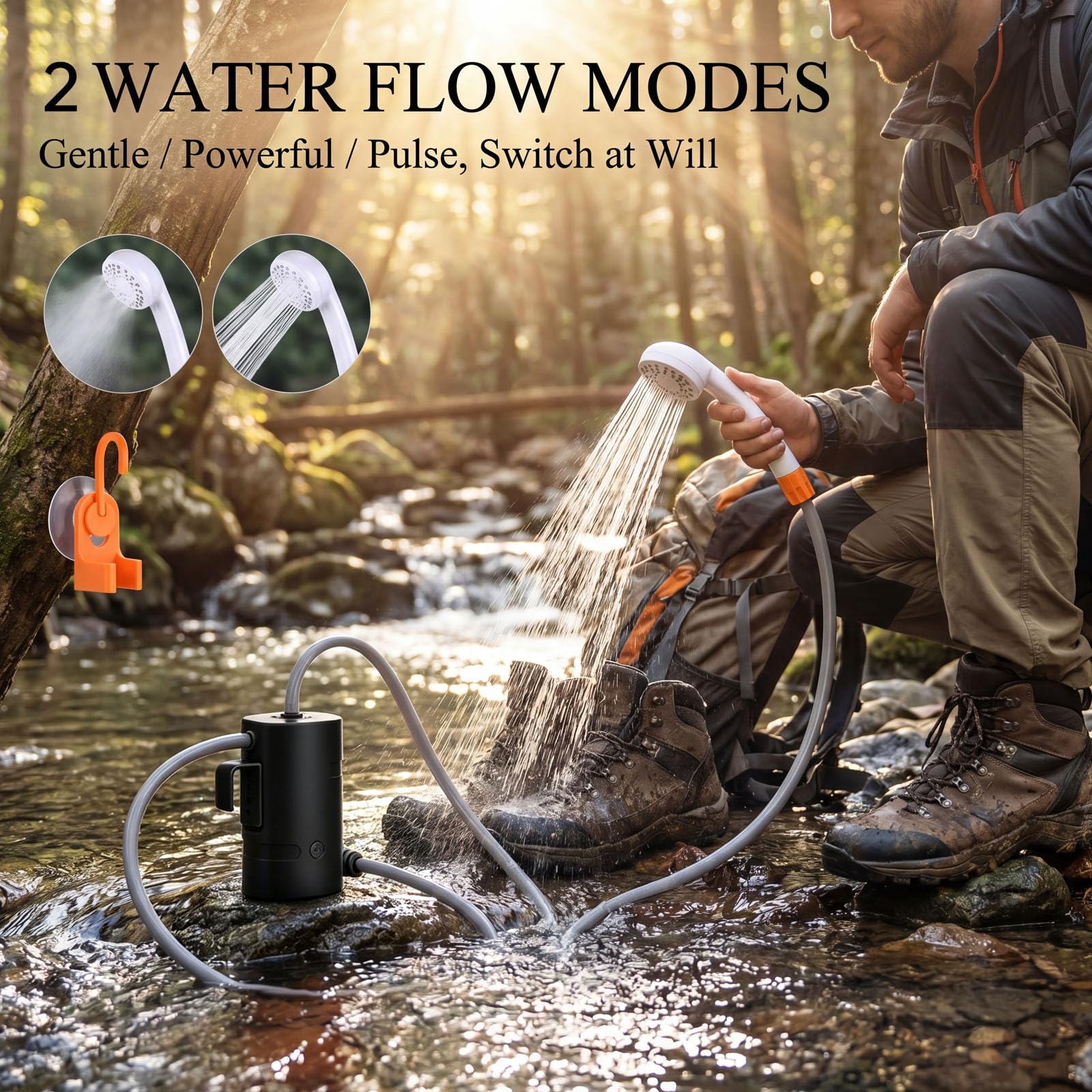 Doccia Esterna Portatile, IPX7, Impermeabile, con Luce LED, Batteria 4400mhA, Ricarica USB, Pompa Doccia elettrica+Borsa d'Acqua da 20L, Adatta per Escursionismo/Backpacking, Campeggio