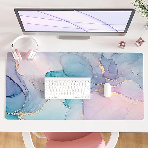 QIYI Large Mouse Pad, PU Leather Desk Mat for Desktop, Waterproof Gaming Desk Pad, Marble Full Desk Accessories Keyboard Mousepad, Abstract Art Home Office Décor 31.5" x 15.7" - Blue Pink Fluid - Blue Pink Fluid - 31.5" x 15.7"