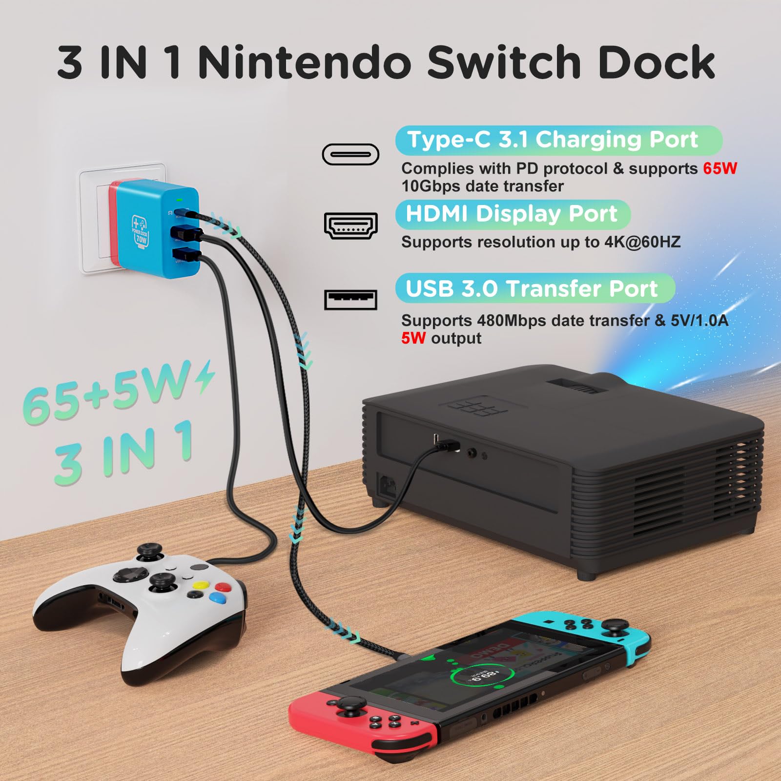 Base de carga USB C de 67 W para Nintendo Switch/OLED, estación de acoplamiento portátil de TV de viaje con puerto de carga 4K HDMI/USB2.0/PD, adaptador de carga rápida con cable USB-C para portátil,