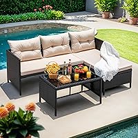 Devoko 3-Piece Beige Rattan L-Shaped Outdoor Sectional Sofa Set with Cushions & Glass Table - Waterproof All-Weather Patio Furniture