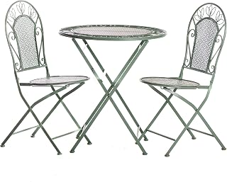 Dorset Wrought Iron Garden Bistro Set Victorian 2-Seater Foldable Outdoor Table and Chairs Antique Style Laurel Green