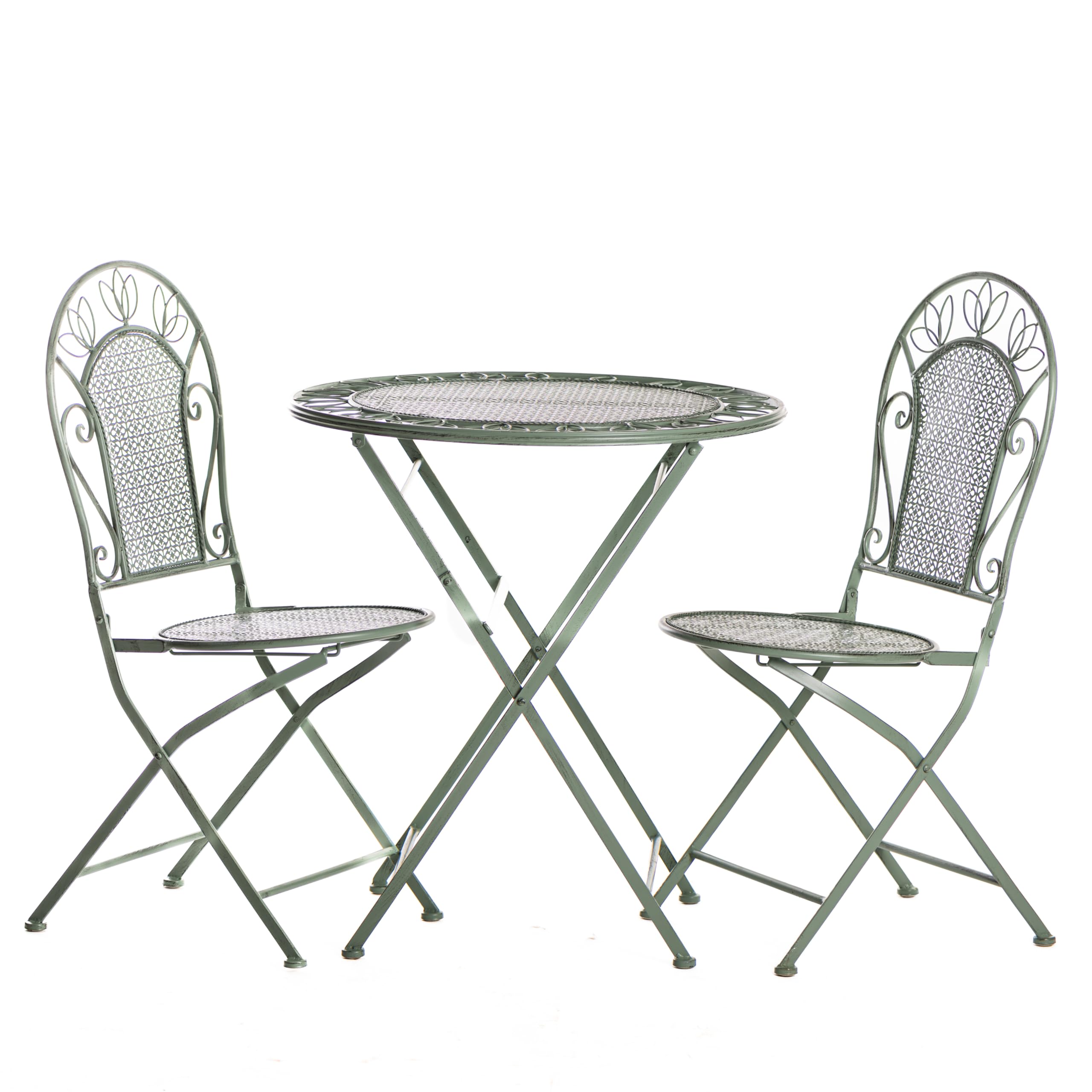 Garden Gear Dorset Wrought Iron Garden Bistro Set Victorian 2-Seater Foldable Outdoor Table and Chairs Antique Style Laurel Green