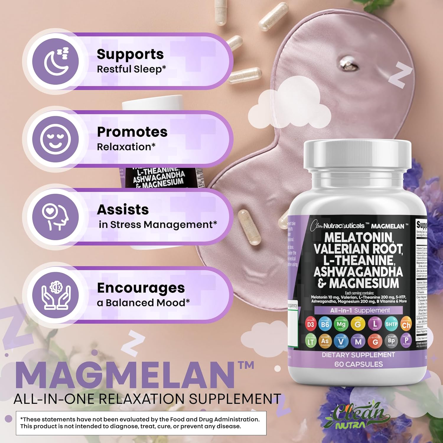 Clean Nutraceuticals Melatonin 10mg Valerian Root L Theanine 200mg Ashwagandha - Sleep Support for Women & Men with Magnesium Complex, Lemon Balm, Chamomile, & Passion Flower - 60 Caps - Image 5
