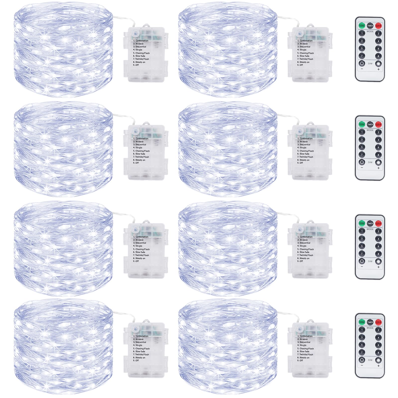 Paquete de 8 luces de hadas que funcionan con pilas con control remoto, cada cadena de luces LED de 39 pies con 120 LED con temporizador, 8 modos de luces de Navidad impermeables parpadeantes para
