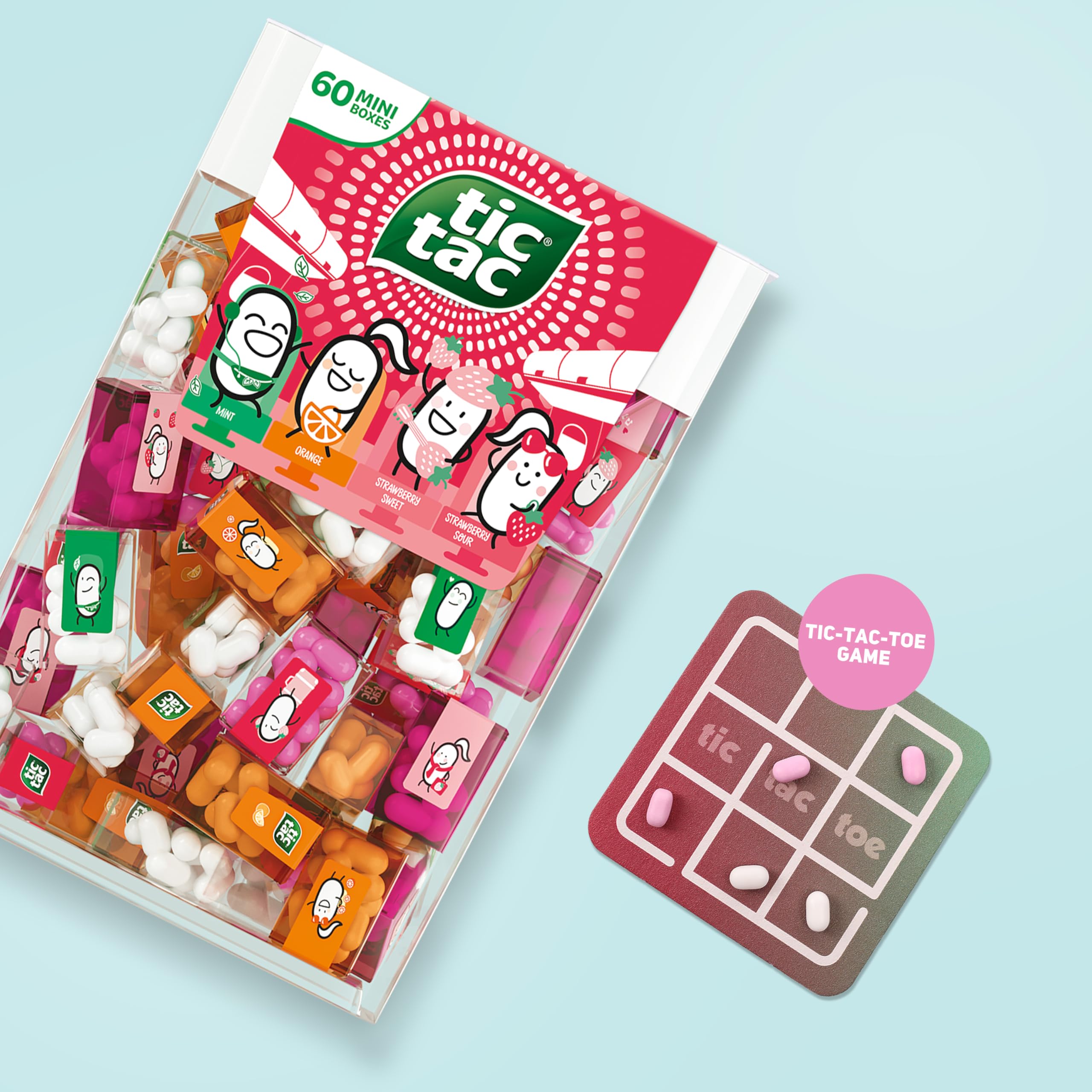 Set de viaje TicTacToe Travels - 60 mini cajitas de 3,8 g cada una, fresa, menta y naranja con juego TicTacToe - mini caramelos, ideales para fiestas de cumpleaños infantiles, regalos y goodie bags