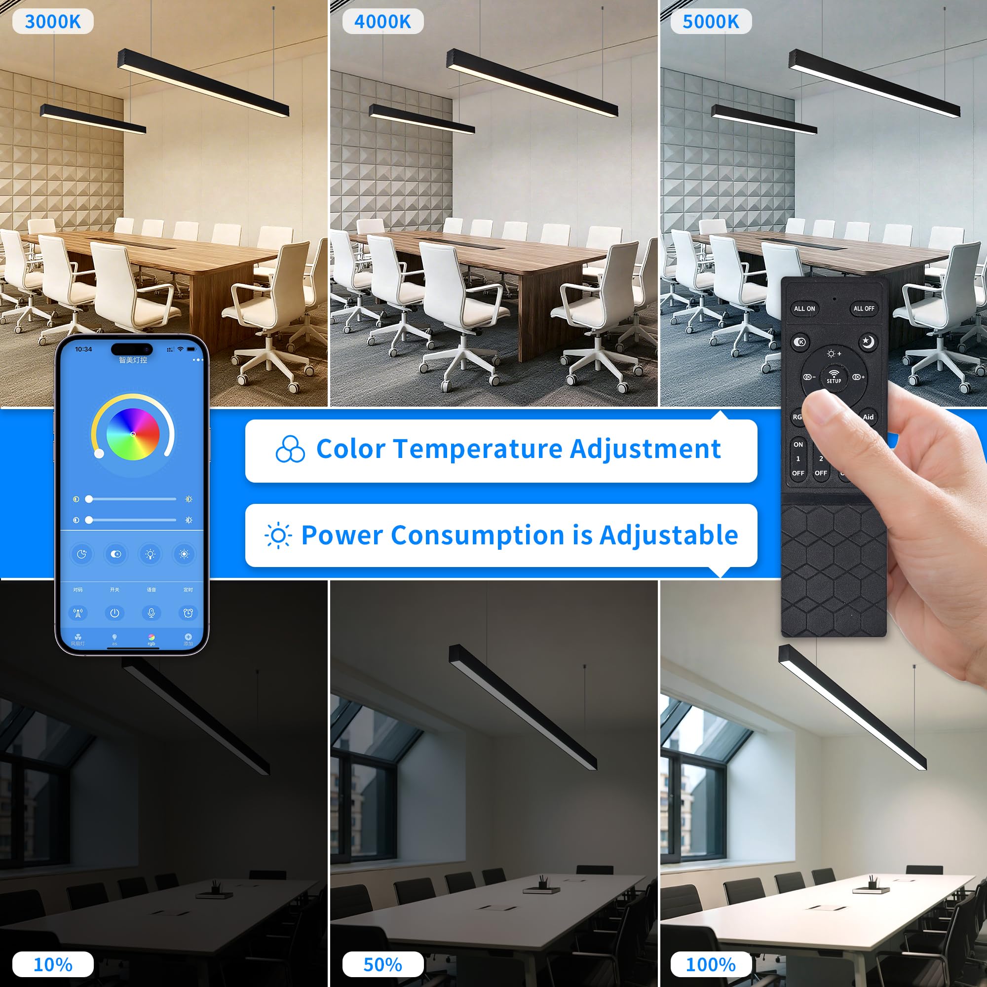 8FT Linkingable LED Linear Light 100W 15000lm Dimmable Suspended Linear Light 3000-6000K Color Changing Prefect for Office Shop — view 2