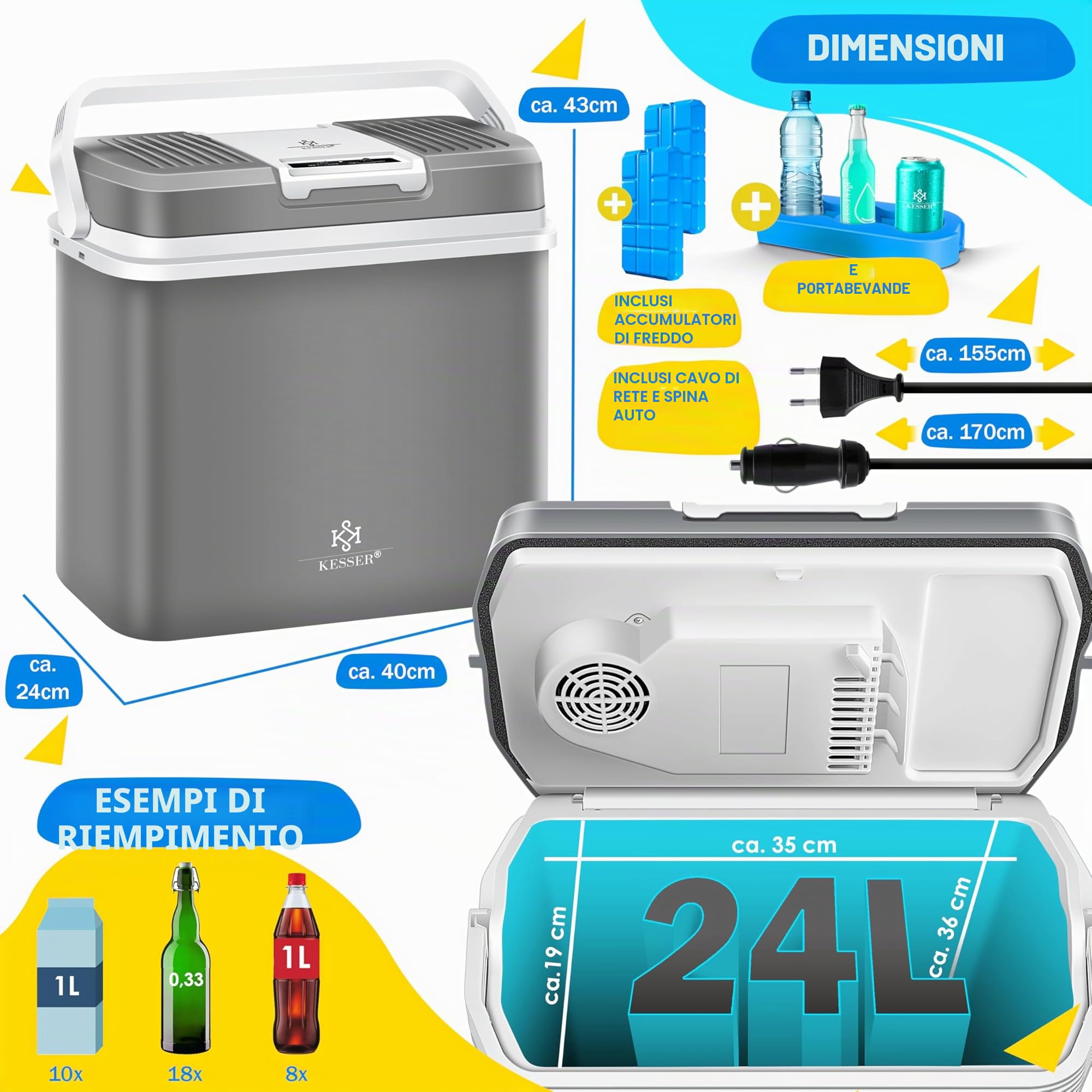 KESSER® Frigobox da 24 litri | RAFFREDDA e RISCALDA | Frigo box termoelettrico 12 volt e 230 volt con 2 batterie di raffreddamento | Mini frigo | per auto e campeggio | EEK A+++| Auto e campeggio