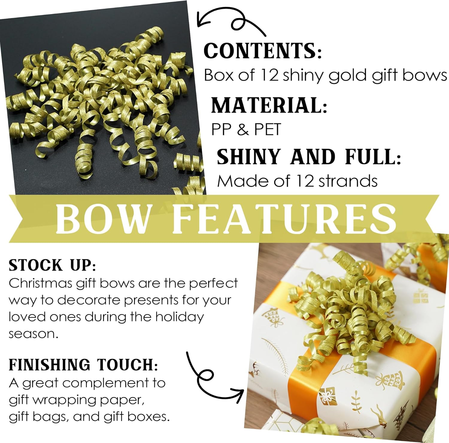 MEEDEE 5 Inch Gold Self-Adhesive Linear Glitter Curly Gift Bows – Perfect for Christmas, Holiday, and All-Occasion Decorations on Gift Wrapping Paper, Gift Bags, and Boxes (12 Count) - Image 3