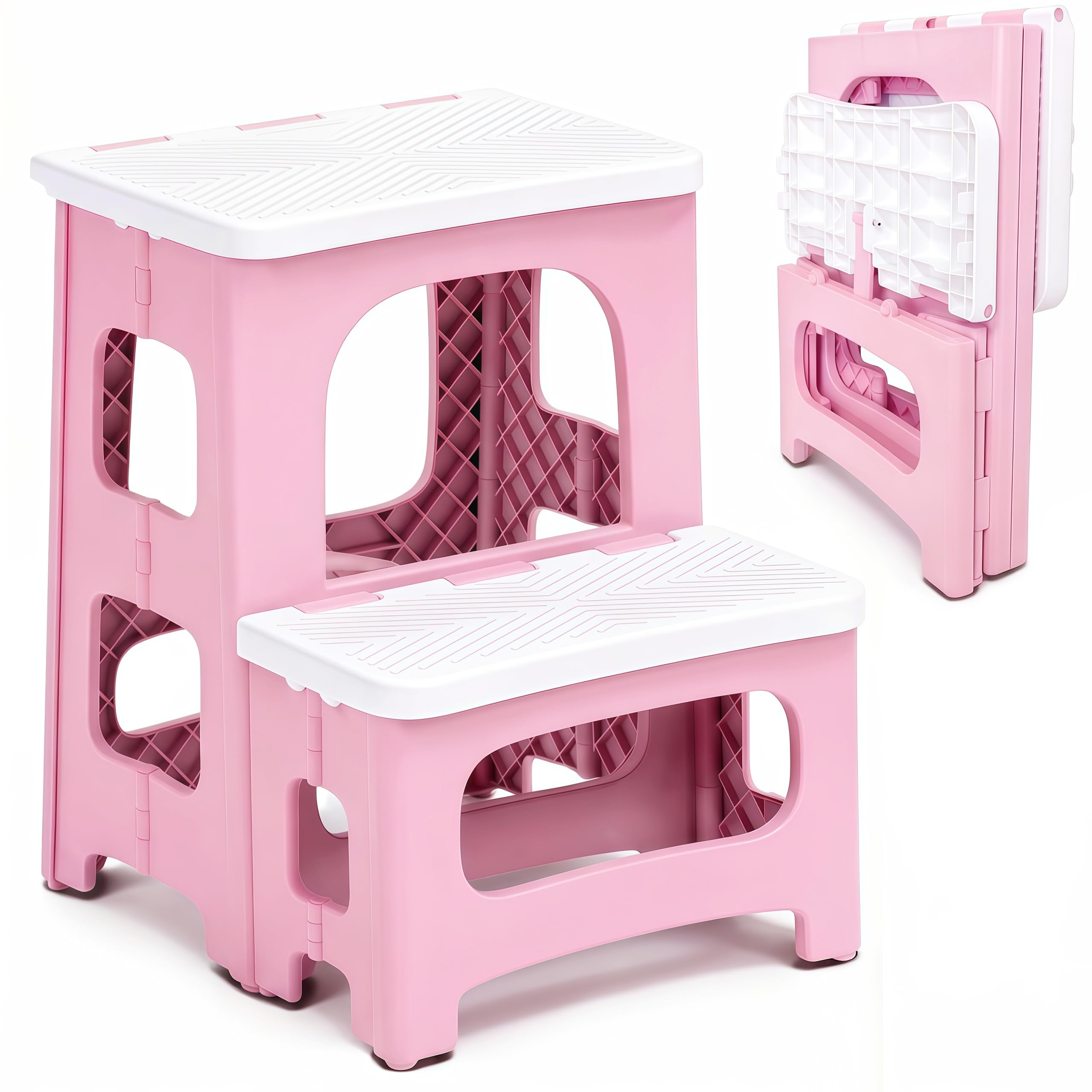 Photo 1 of 2 Step Stool Foldable, Non-Slip Steps, Folding Step Stool for Adults & Kids, Plastic Stool Pool Ladder, Collapsible Stools 2 Step Ladder for Kitchen Toilet Bedroom Office RV, Holds 330 lbs, Pink