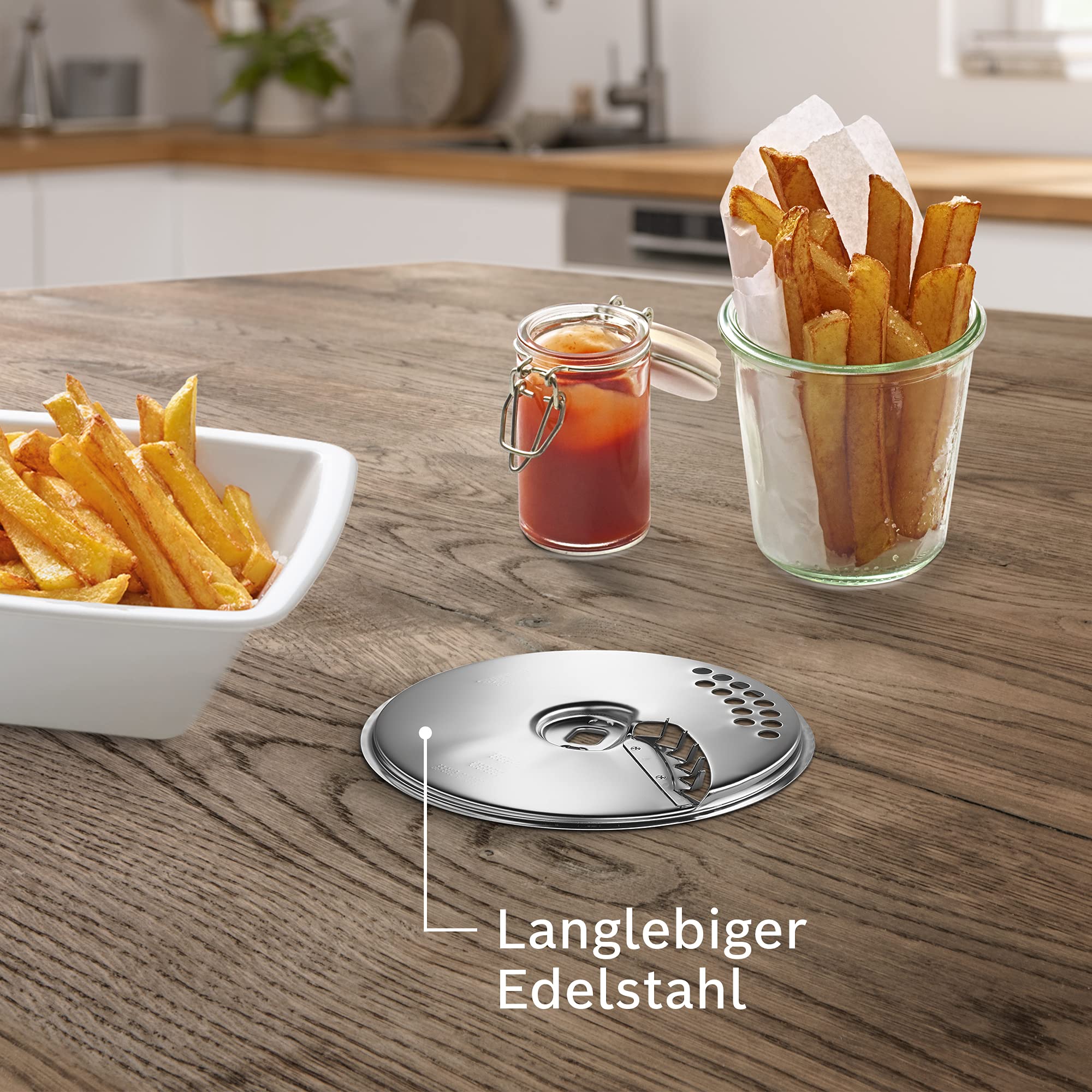 Bosch Küchenmaschine Serie 4 MUM5XW20, Edelstahl-Schüssel 3,9 L & Pommes-Frites-Scheibe MUZ45PS1, Wendescheibe