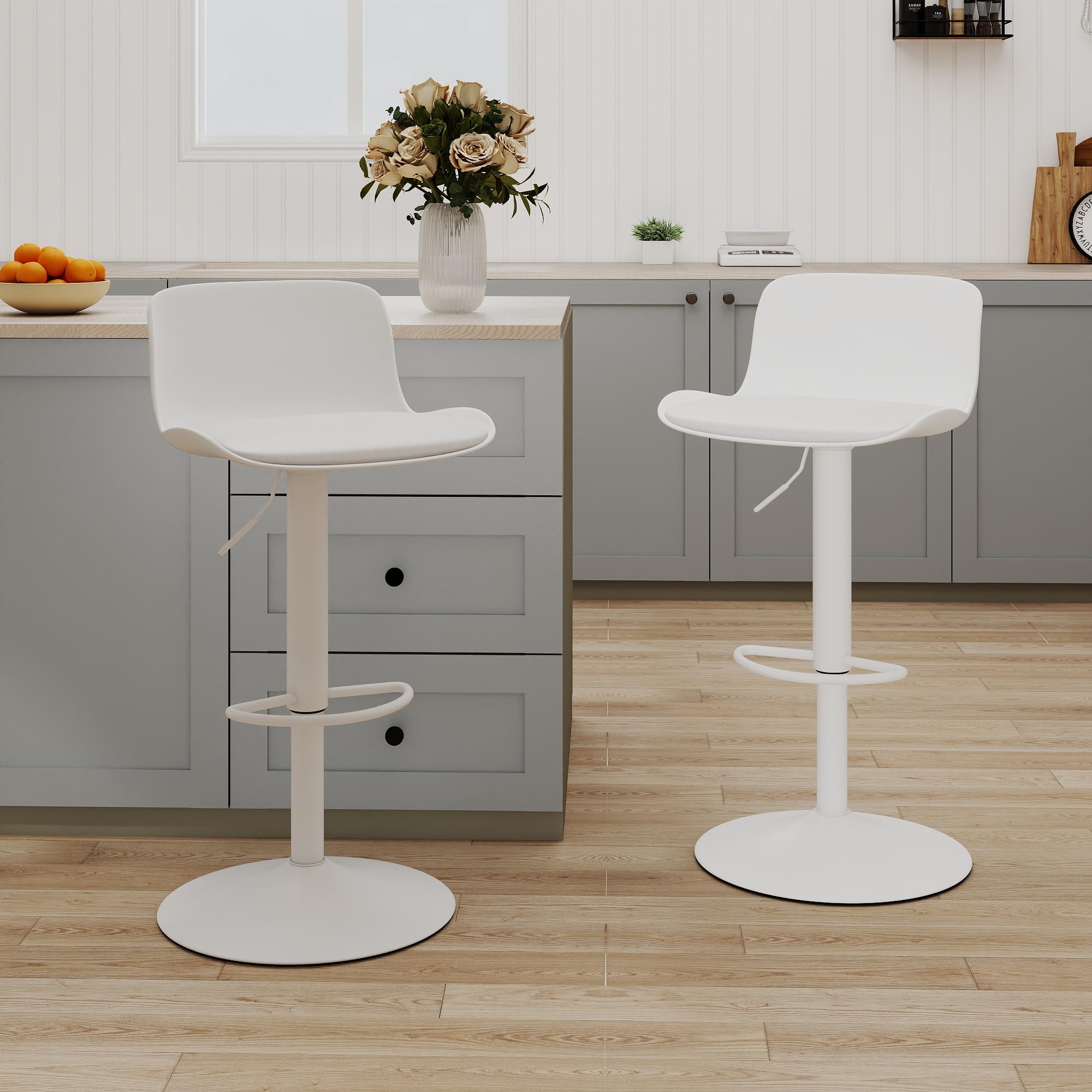 NOBPEINT Bar Stools Set of 2, Contemporary Air Lift Adjustable Swivel Barstools with Upholstered PU Leather (White)