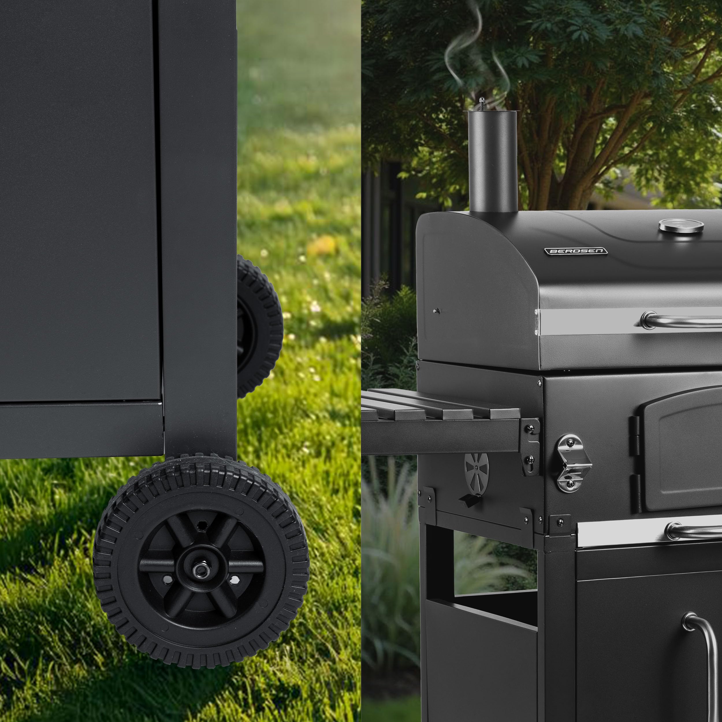 Berdsen Grill Węglowy Ogrodowy BBQChef z Kominem i Żeliwnym Rusztem 41,5 x 57 cm - Regulowane Palenisko, Termometr, Składane Półki, Szafka - Przenośny na Kołach - Antracytowy