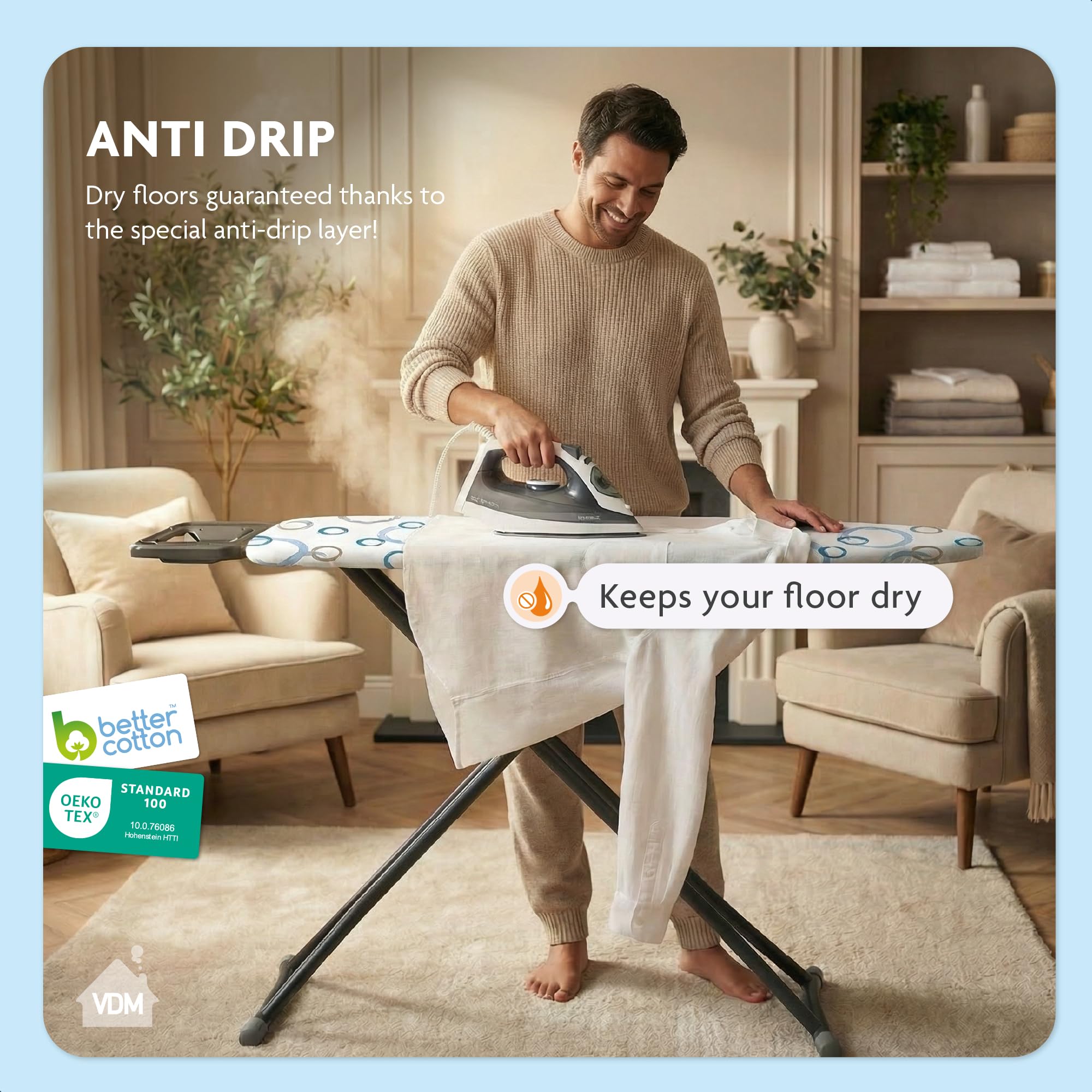 LaundrySpecialist Bügelbrettbezug Active – 5 Schichten und bis zu 50% schnelleres Bügeln – Bügeltischbezug – Dampfrückstrahlend–Größe M von 38 bis 45 cm und 119 bis 125 cm – Universeller Bügelbezug - 4