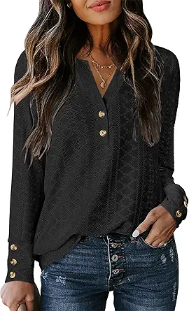 ANRABESS Womens Eyelet Tops Long Sleeve Henley Shirts Business Dressy Casual Blouse Vacation T-Shirt 2025 Fall Outfits