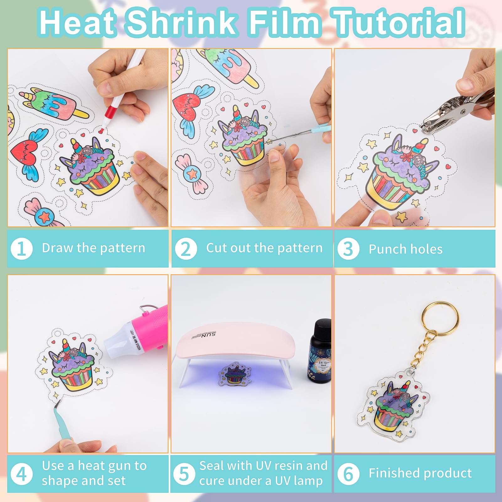 JelyArt Kit Plastique Fou 182 pièces – 20 feuilles de plastique dingue + Pistolet à air chaud + Résine UV + Lampe UV + Accessoires pour porte-clés – Shrink plastic sheets Film thermorétractable