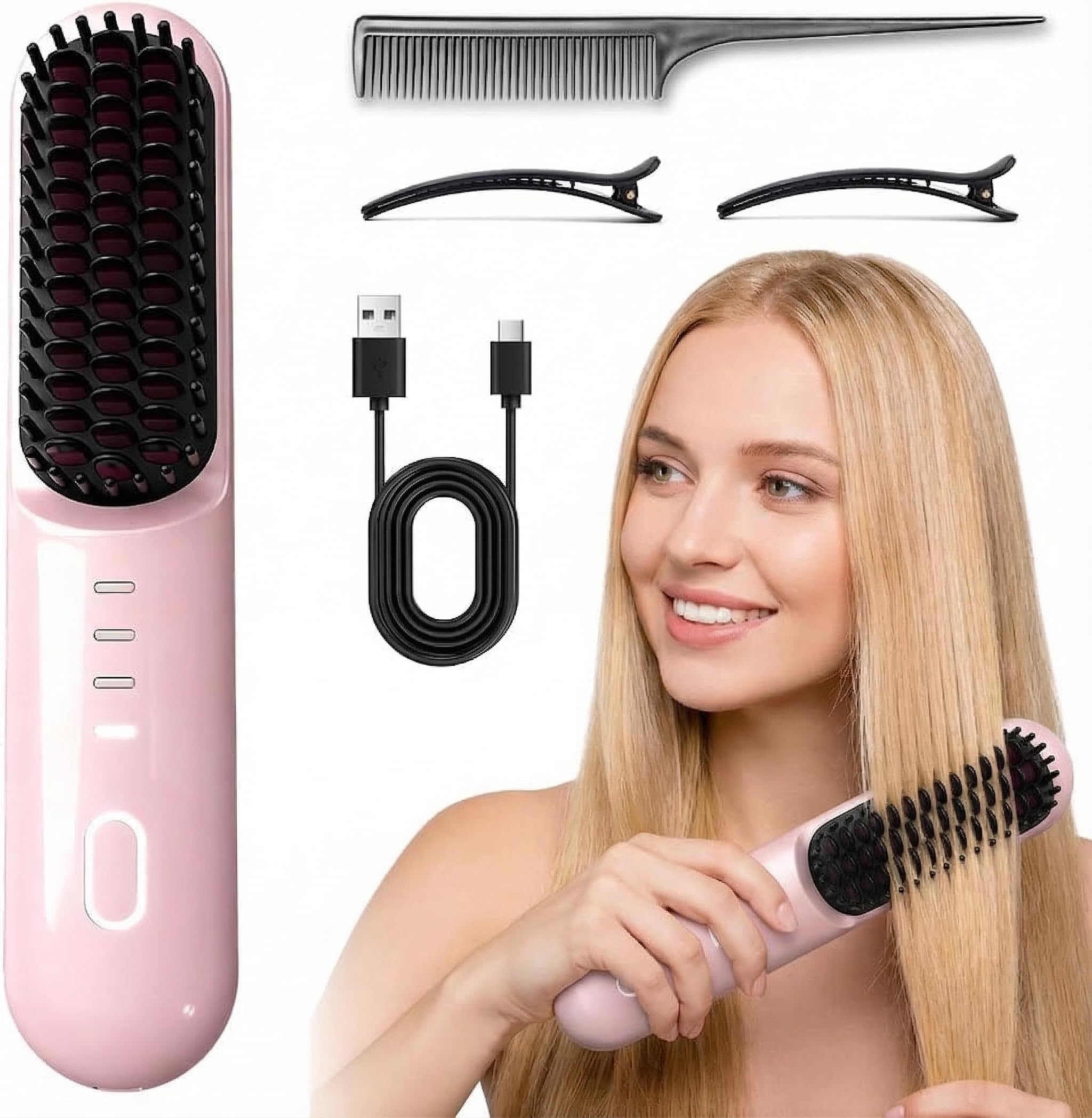 Go Brush - Pro for Short Hair - 2026 Upgraded Cordless Straightening Brush with 30s Fast Heat, 4 Temperature Settings, Ionic & Ceramic Care, 4000mAh USB-C Rechargeable for Frizz-Free Styling (Pink)