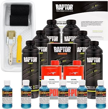U-POL Raptor Blue Metallic Urethane Spray-On Truck Bed Liner Kit and Roller, Tray & Brush, 6 Liters