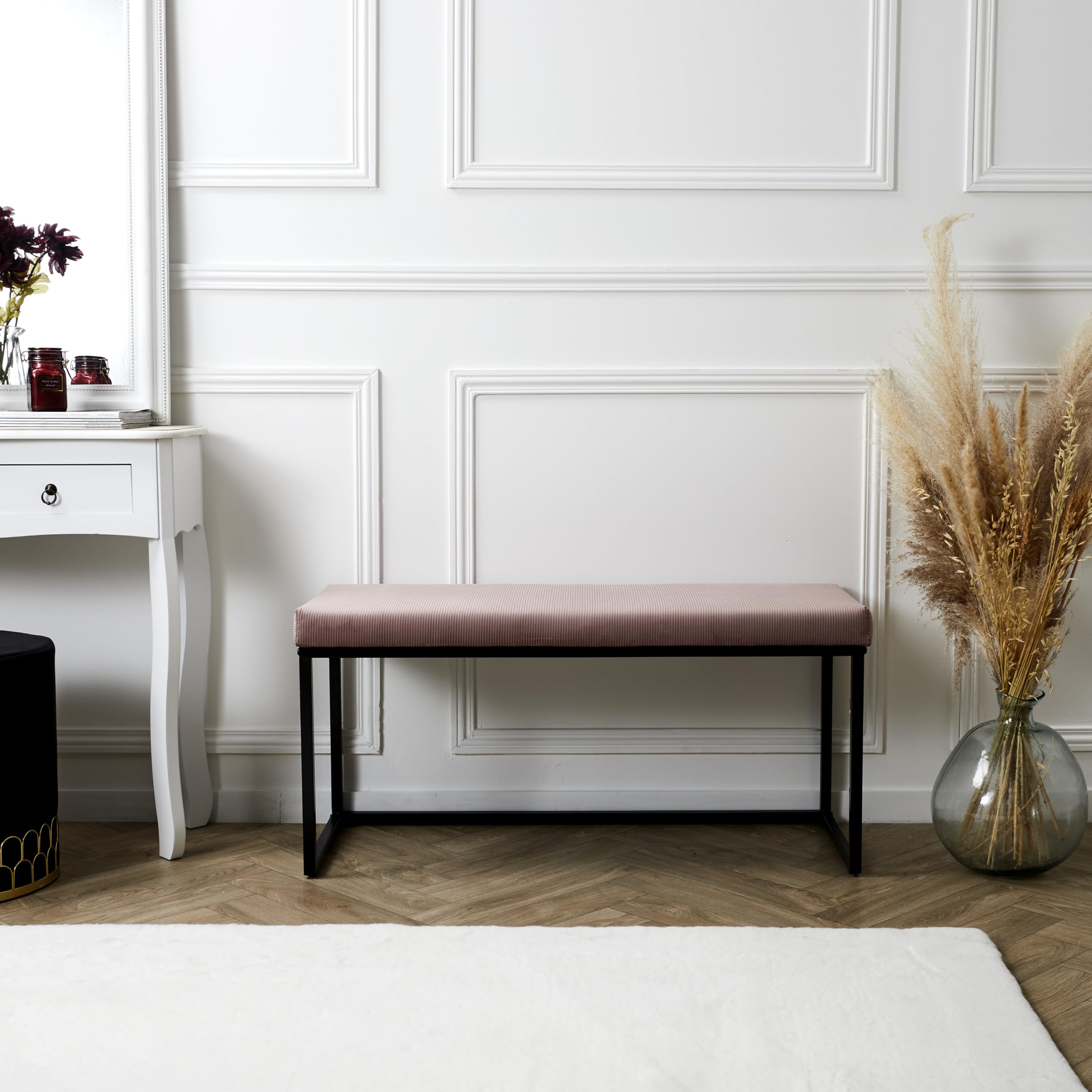 HOME DECO FACTORY - Banc d'entrée en Velours côtelé Rose - Design scandinave - idéal pour Salon - Chambre ou Couloir - Dimensions 100 x 39 x 49 cm. - Modèle Giulia