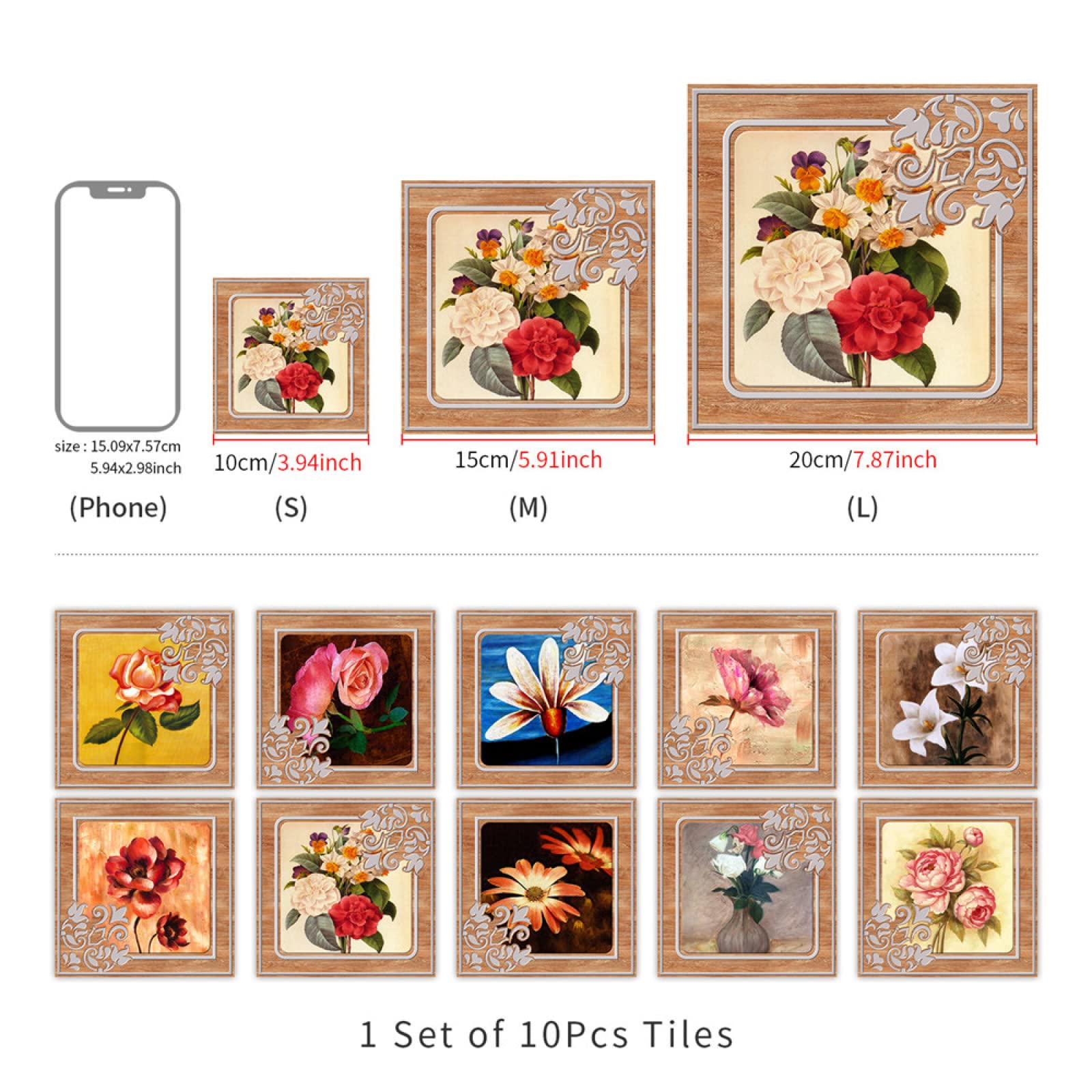 Naklejki na płytki Vintage Brown Flower do nakładania na płytki, łazienka, kuchnia, ściany, podłoga, PVC, wodoodporne, 20 x 20 x 10 sztuk