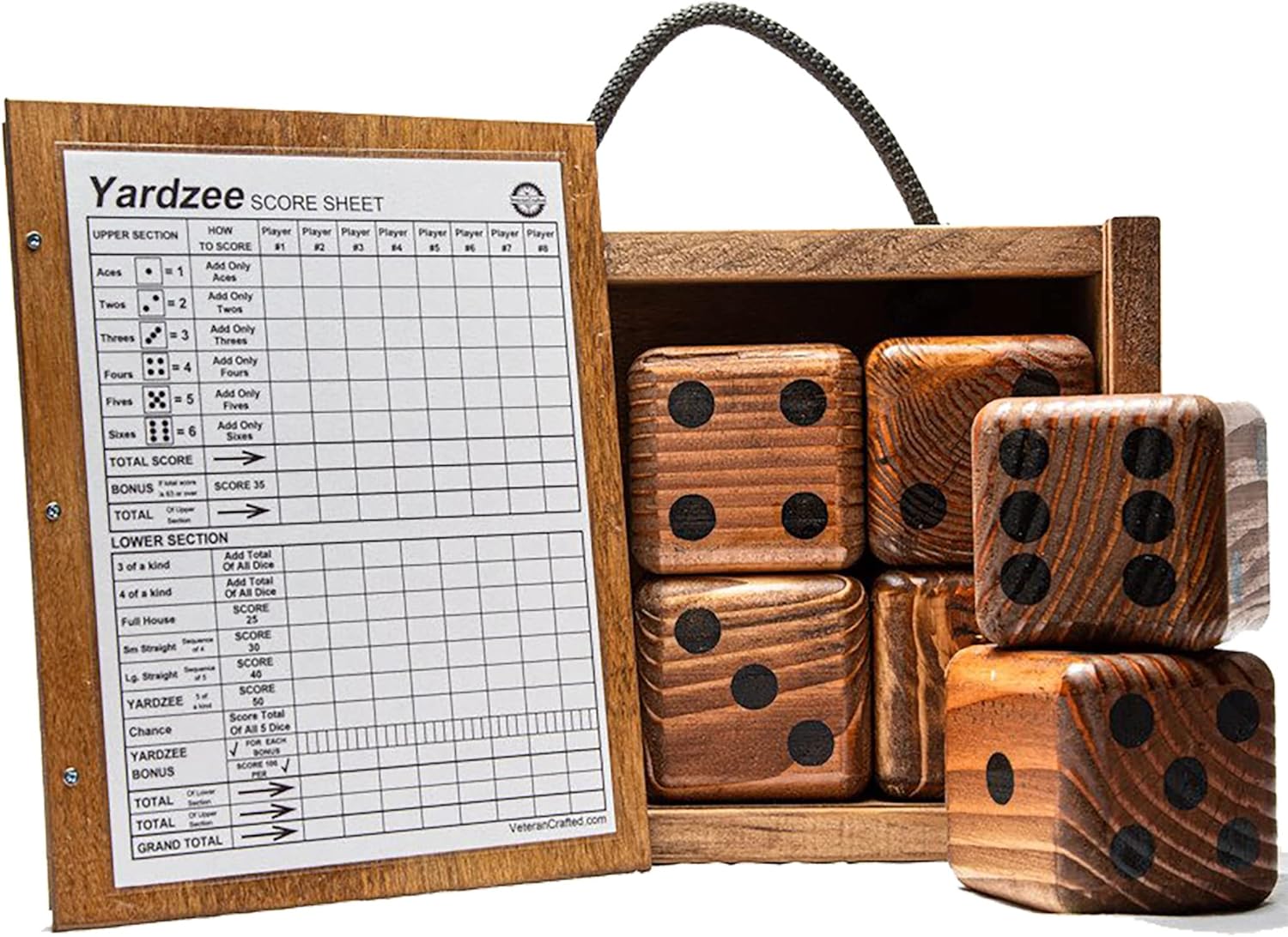 Yard Dice Game Set choose 6 light or dark Giant Wood Lawn Dice - 8 player Yardzee dry erase scorecard and Storage Box - Great Family Yard Games