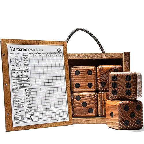 Yardzee Yard Dice Set with 8 player dry erase score sheet - 6 Giant Wood Lawn Dice - Great Backyard Game