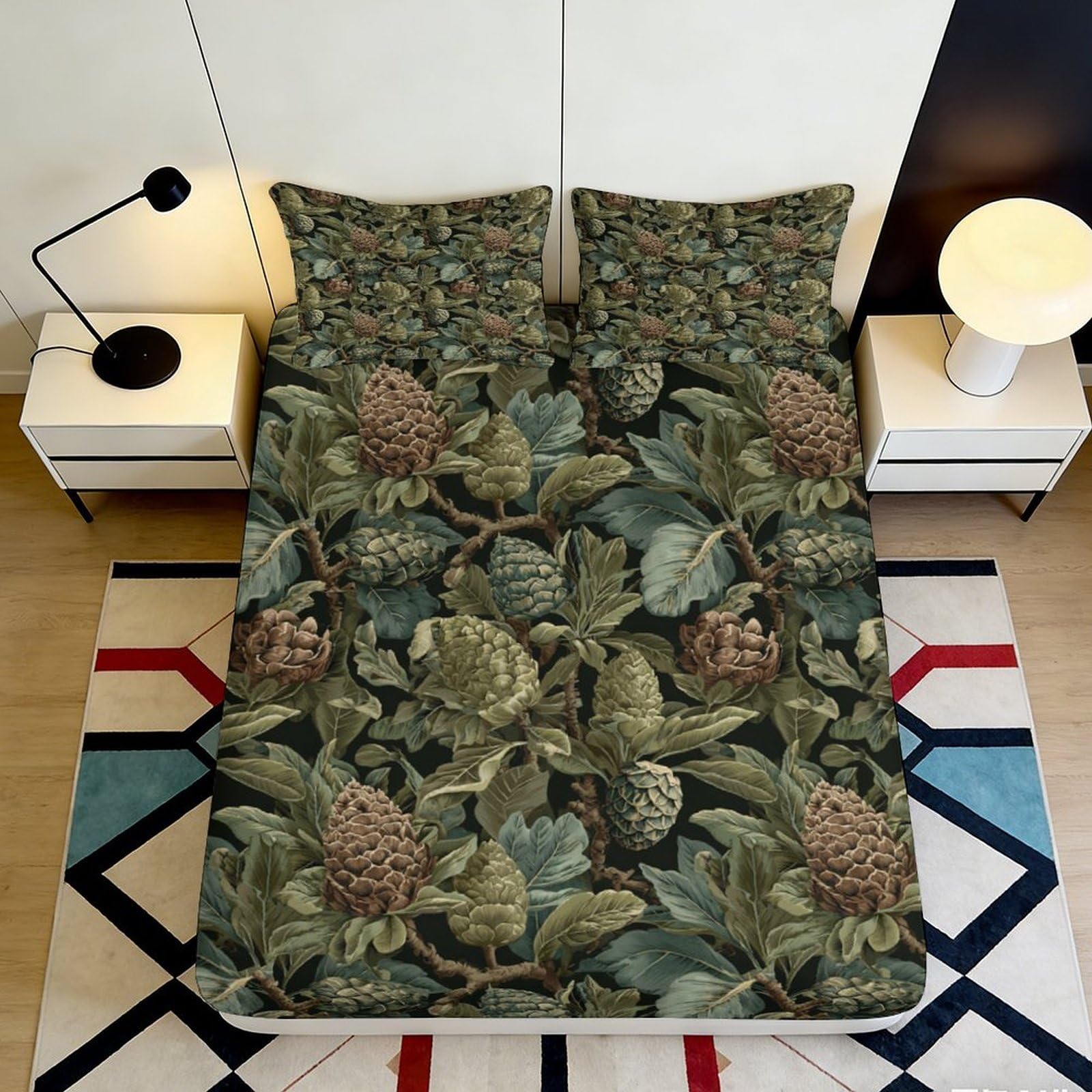 3D Printed Pinecone Forest Fitted Sheet Microfiber Mattress Cover Botanical Leaves Bed Sheet for Bedroom Dorm Decor 160x200x25cm