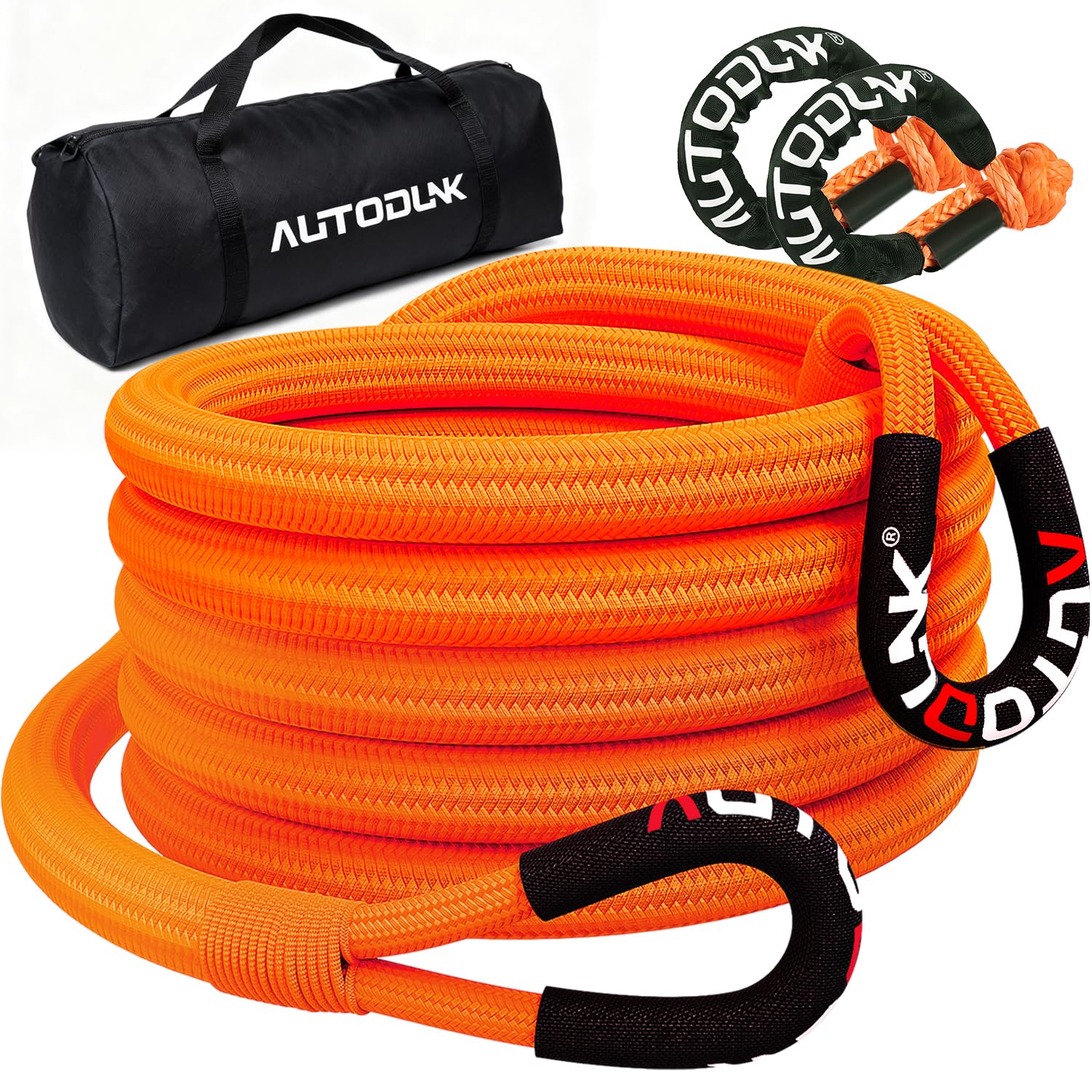 AutoDunk 3/4" x 20' Kinetic Recovery & Tow Rope (18,700lbs), with 2 Soft Shackles (18,700lbs) Offroad Recovery Kit for 4WD Pick Up Truck, SUV, ATV, UTV (Orange)