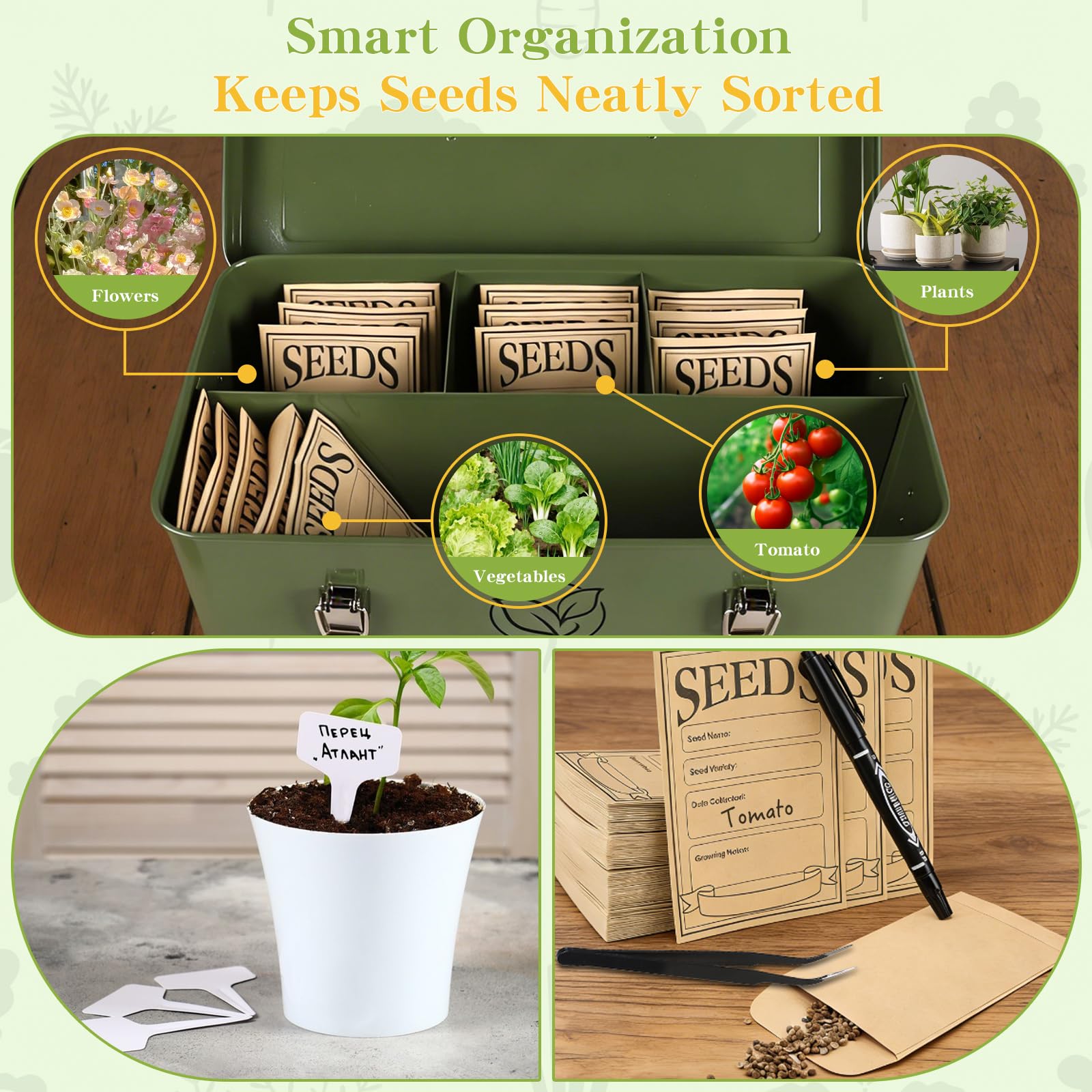 efuturetime Boîte à Graines Potager en métal 32,5×17×13cm, Boîte de Rangement à Graines avec Couvercle, 30 Étiquettes pour Plantes 30 Enveloppes de Graines, Idée Cadeau Jardinage, Vert